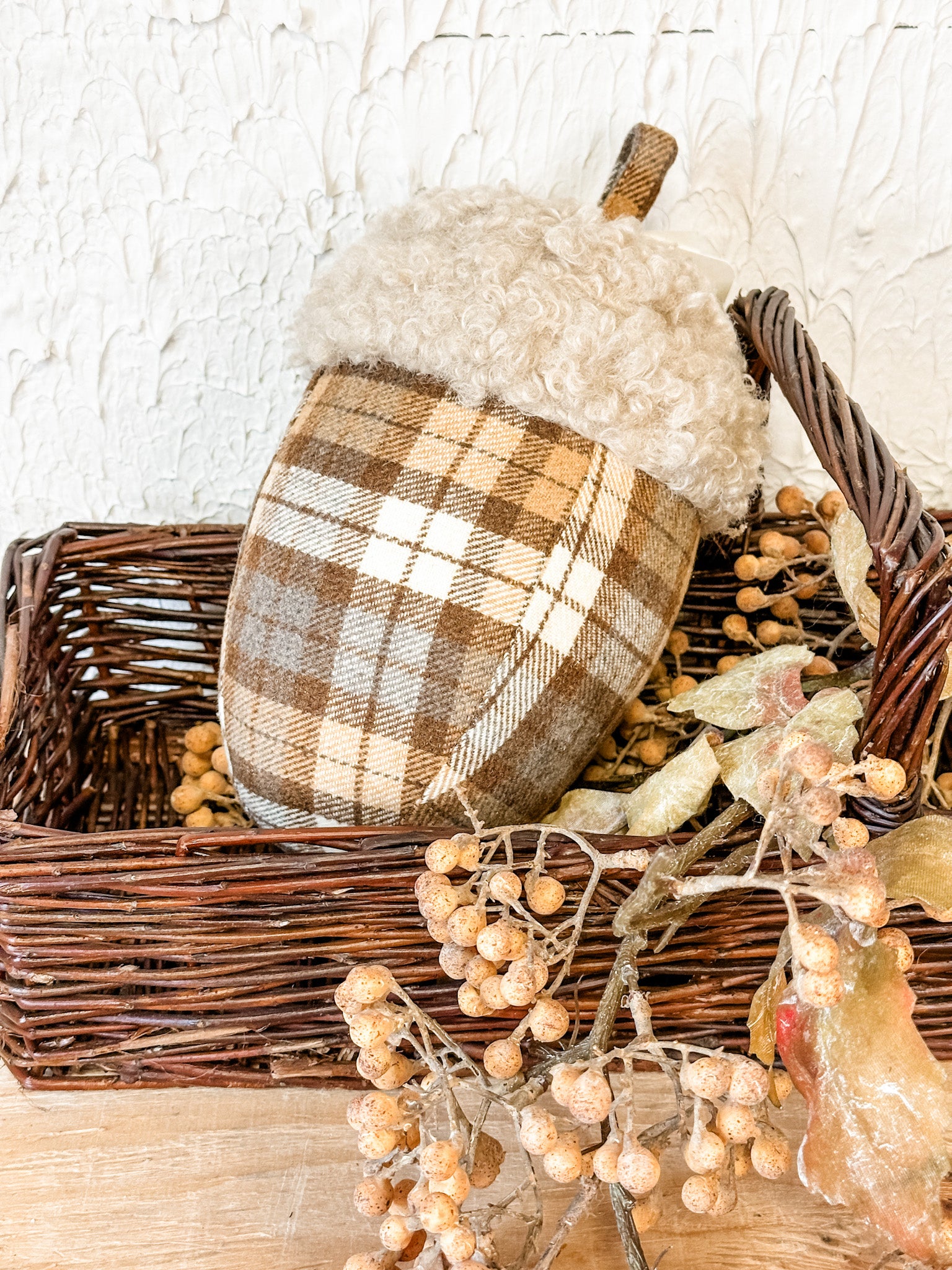 cozy plaid decorative plush acorn at the rustic barn in killingworth ct