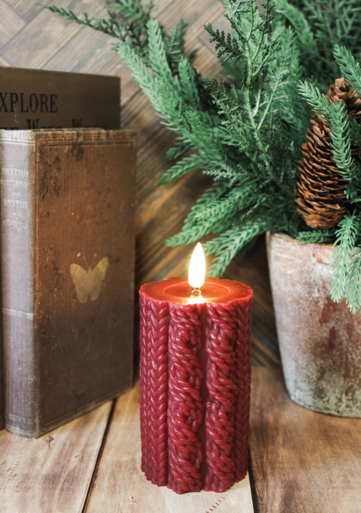 cozy red knit sweater led flameless christmas candle cozy warm red color 4 inch size small for Christmas for sale at the rustic barn in killingworth, CT