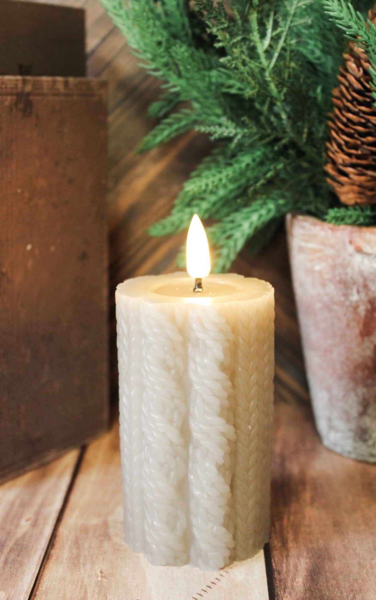 cozy taupe colored  knit sweater led flameless christmas candle cozy warm color 4 inch for Christmas for sale at the rustic barn in killingworth, CT