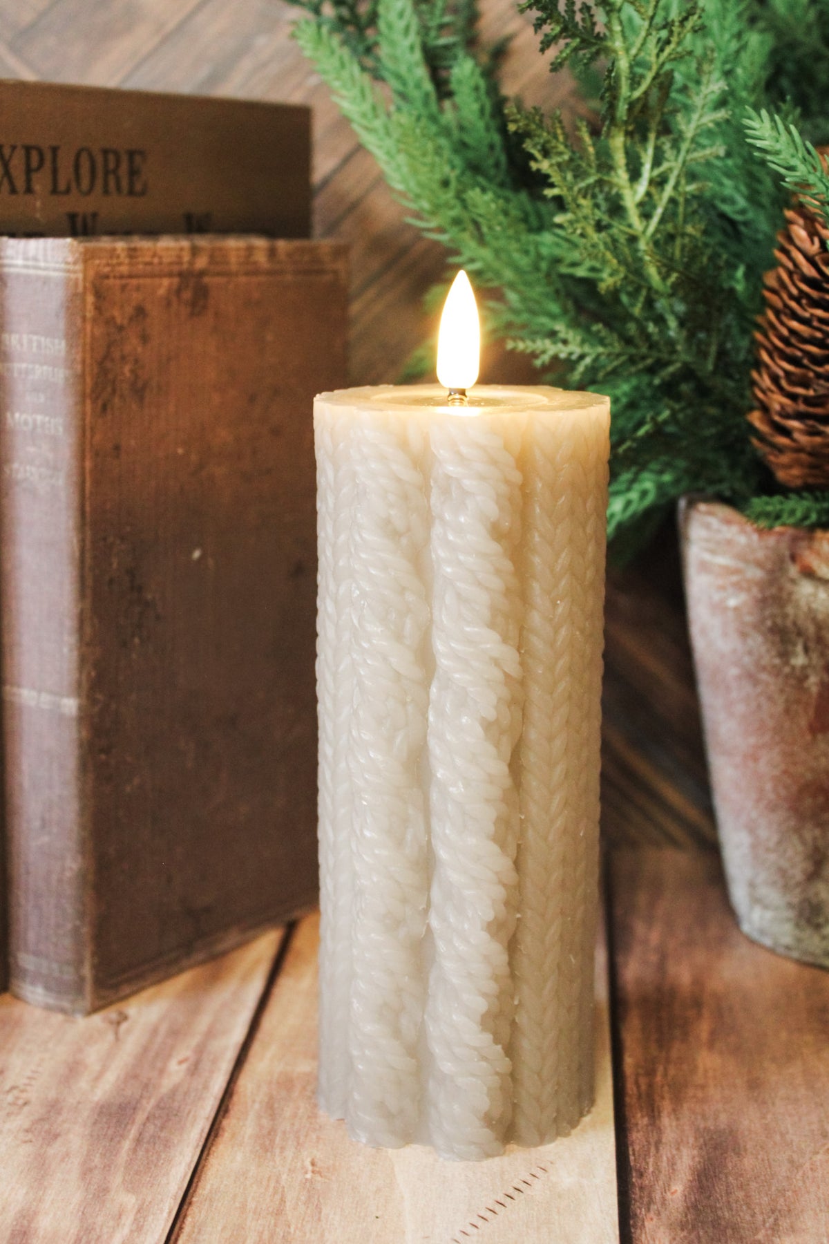 cozy taupe colored  knit sweater led flameless christmas candle cozy warm color 6 inch for Christmas for sale at the rustic barn in killingworth, CT