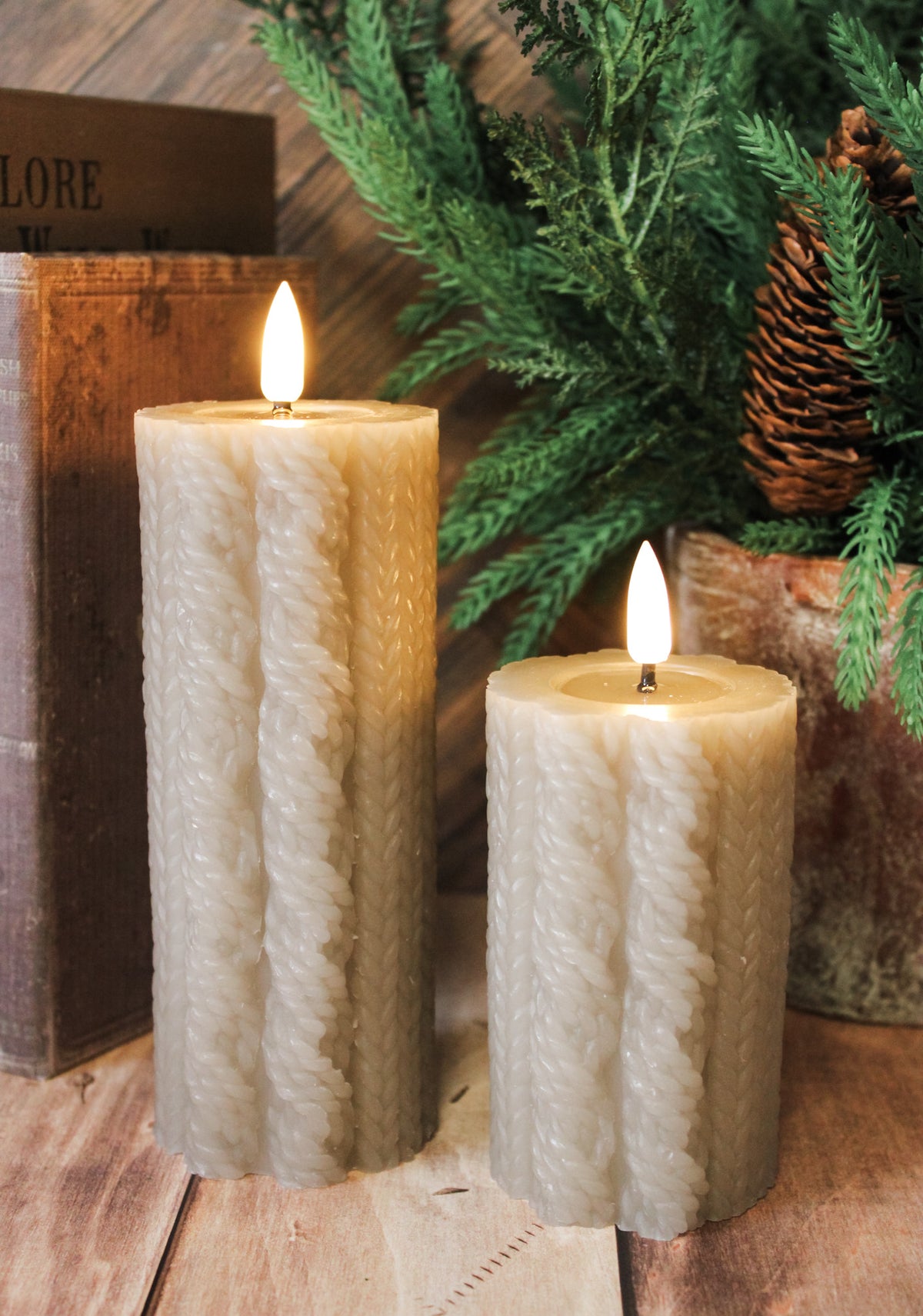 cozy taupe colored  knit sweater led flameless christmas candle cozy warm  color for Christmas for sale at the rustic barn in killingworth, CT