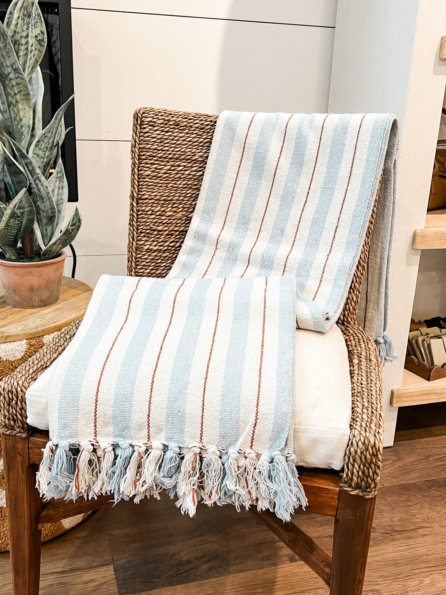 recycled cotton striped throw with fringe at the rustic barn in killingworth ct
