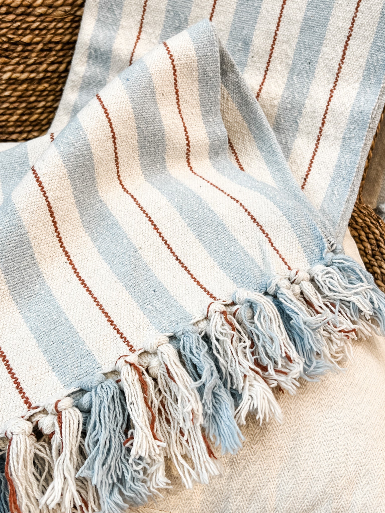 recycled cotton striped throw with fringe at the rustic barn in killingworth ct