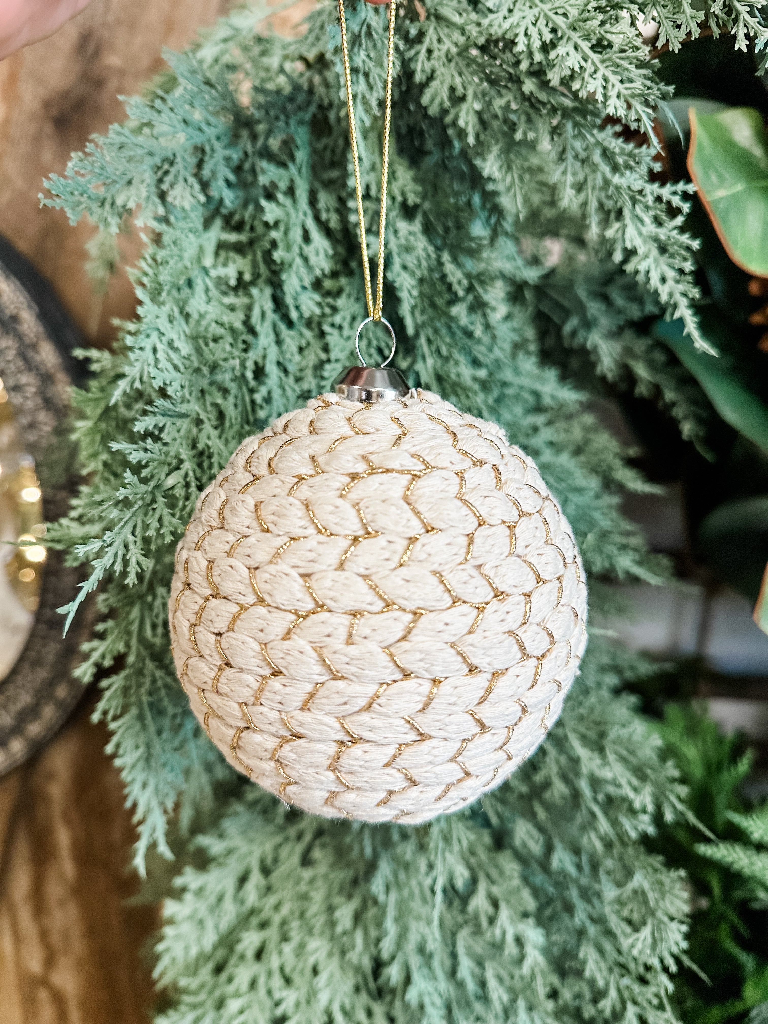 cream and beige zig zag ball ornament at The Rustic Barn in Killingworth CT