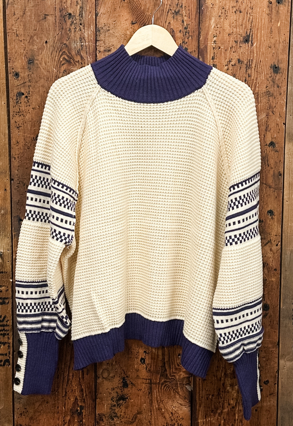 cream and blue raglan sleeve mock neck sweater at The Rustic Barn in Killingworth, CT