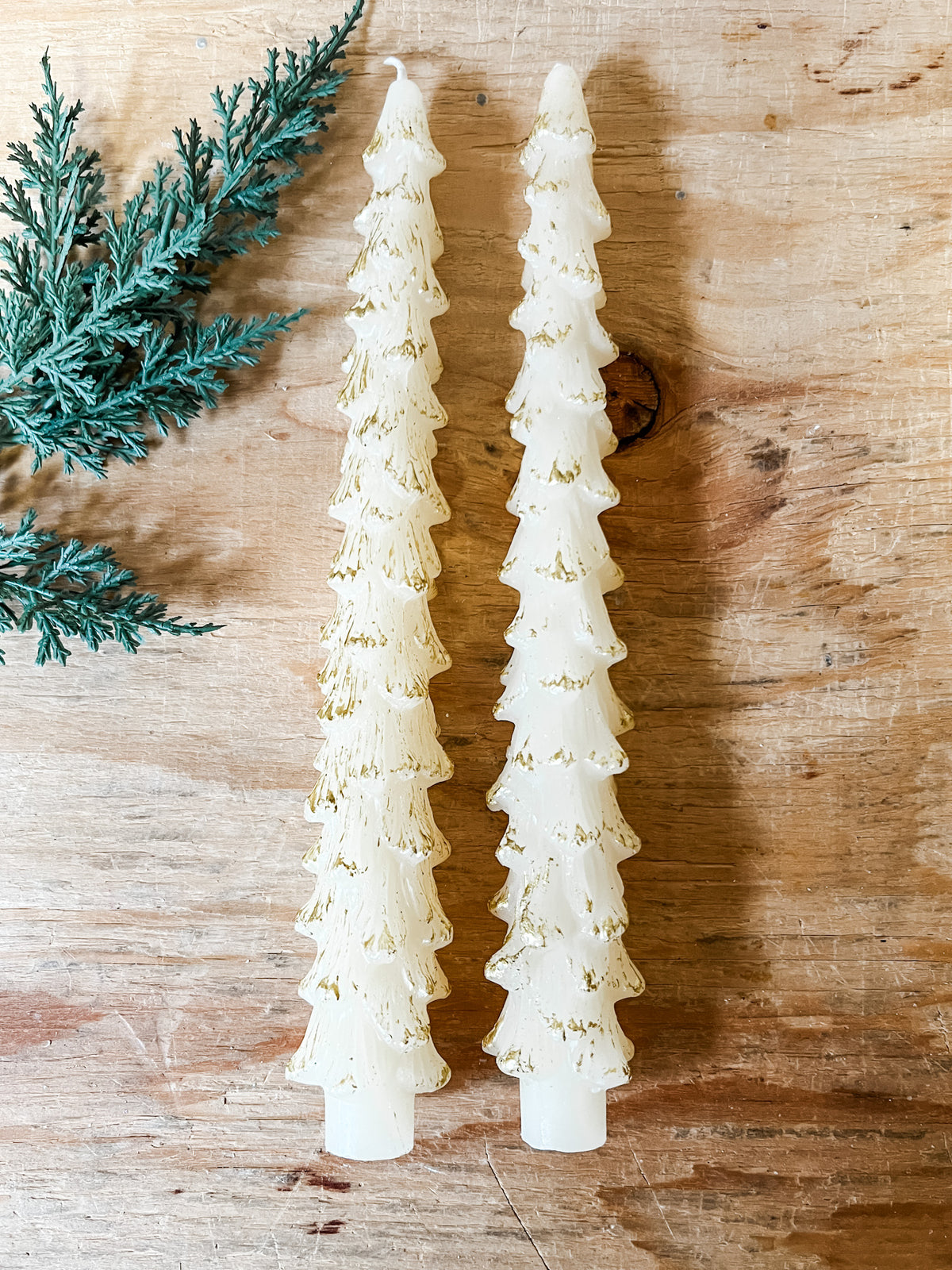cream and gold tip tree shaped taper candles at the rustic barn in killingworth ct