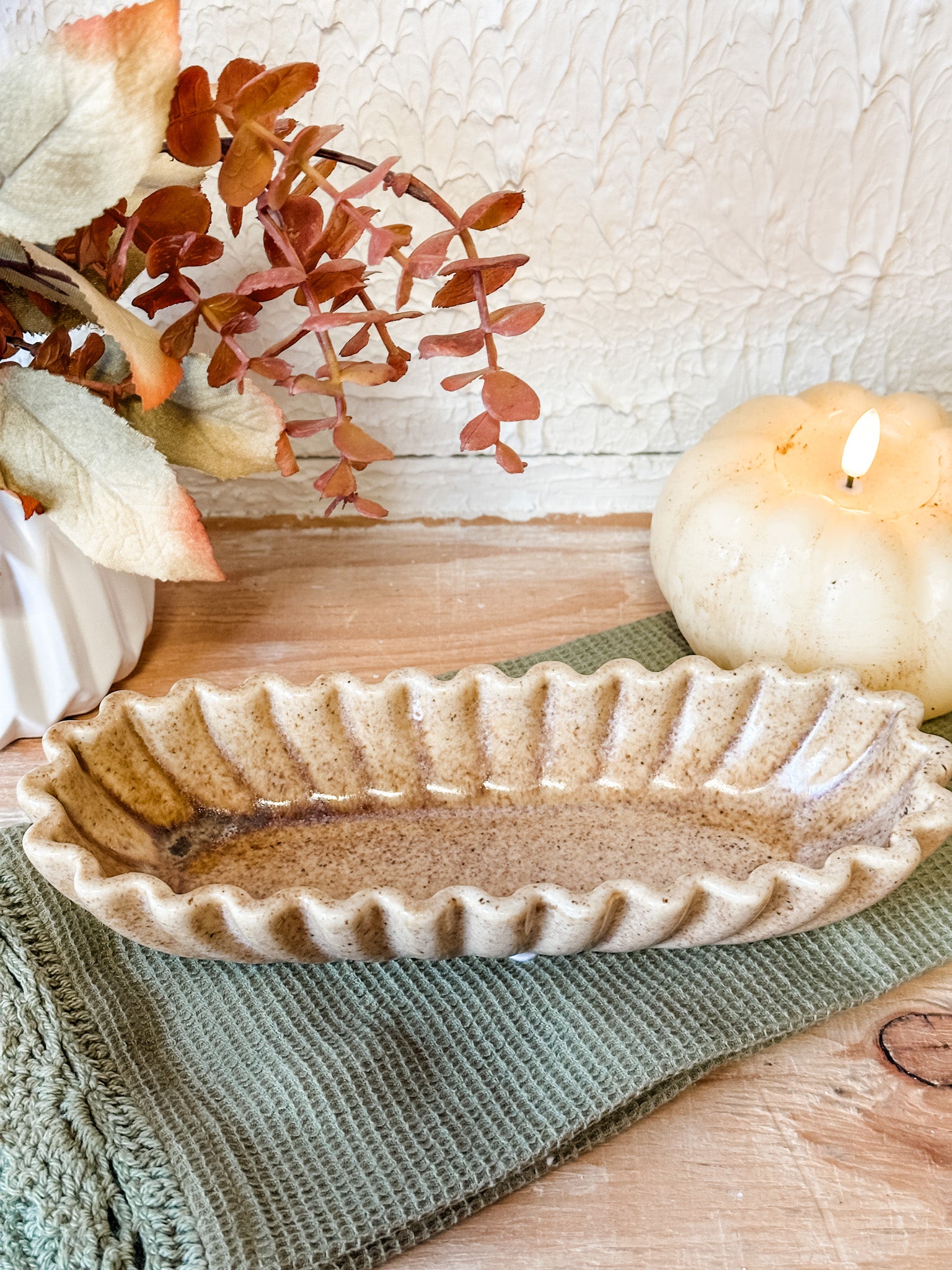 9 inch cream ceramic scalloped edge tray at the rustic barn in killingworth ct