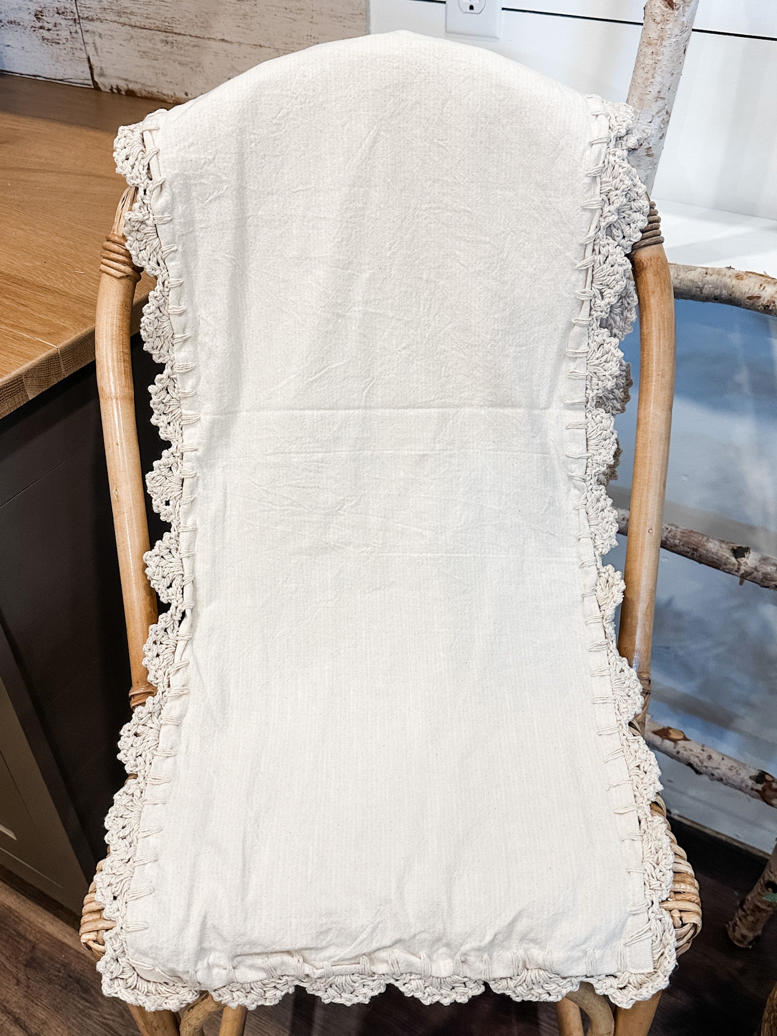 cream cotton table runner with intricate crotchet trim for sale at the rustic barn in killingworth, CT