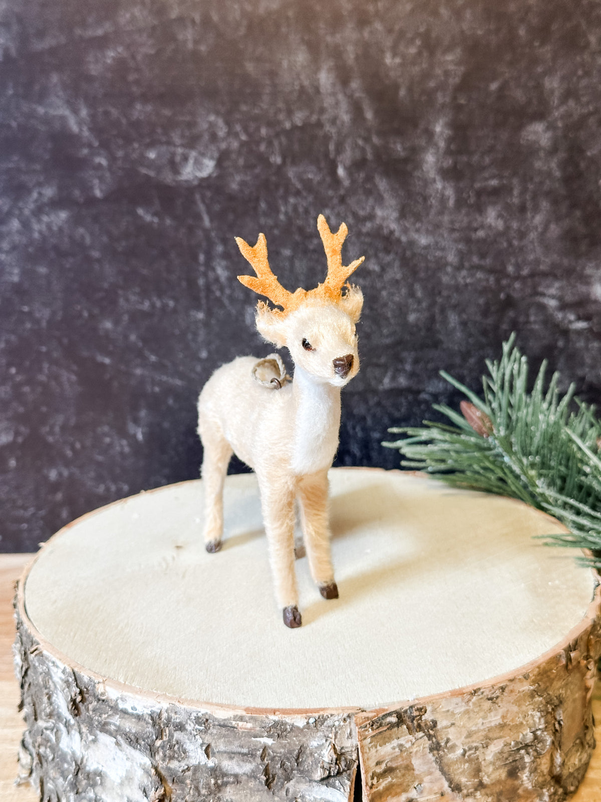 cream faux fur deer ornaments from the rustic barn in killingworth, CT