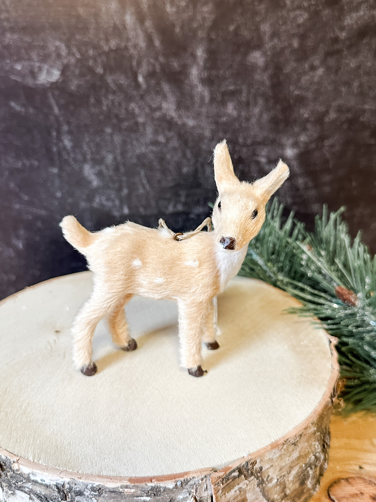 cream faux fur deer ornaments from the rustic barn in killingworth, CT