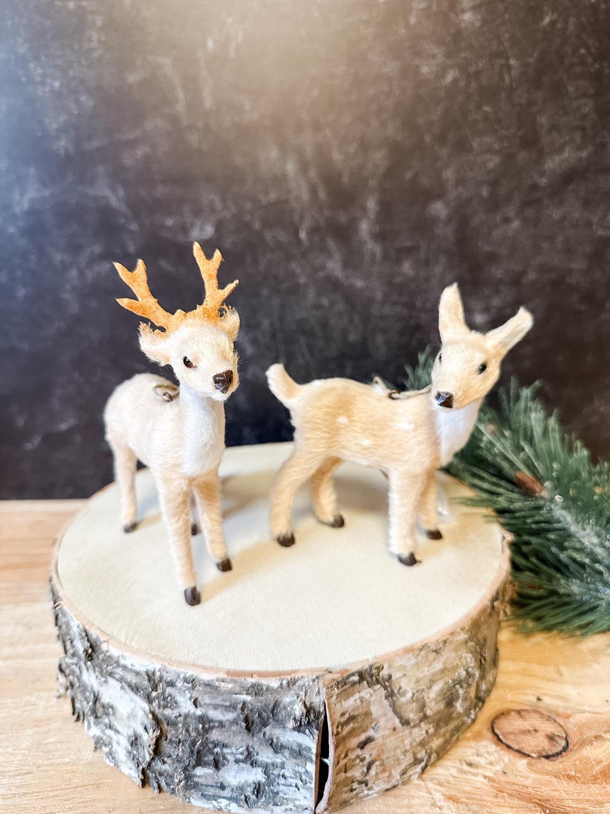 cream faux fur deer ornaments from the rustic barn in killingworth, CT