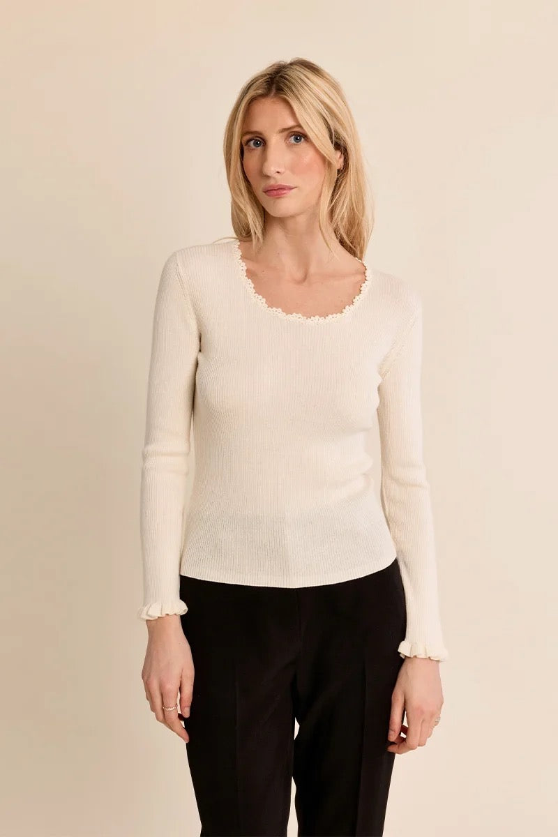 Long sleeve ribbed lace cream knit sweater for sale at the rustic barn in killingworth, CT