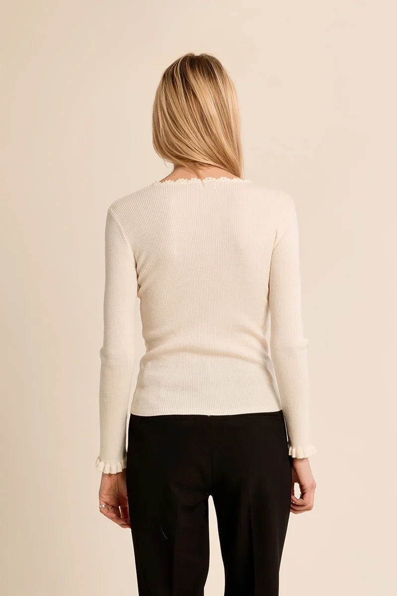 Long sleeve ribbed lace cream knit sweater for sale at the rustic barn in killingworth, CT
