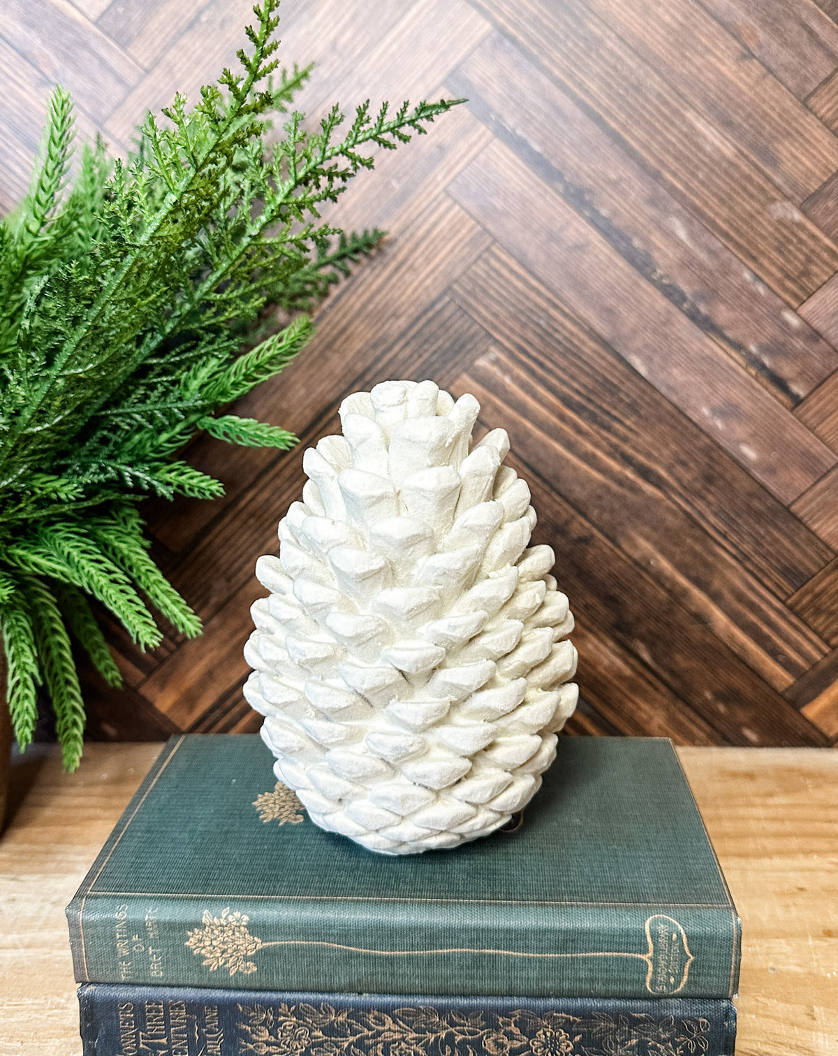 Cream pinecone snow kissed holiday christmas decor for sale at the rustic barn in killingworth, CT