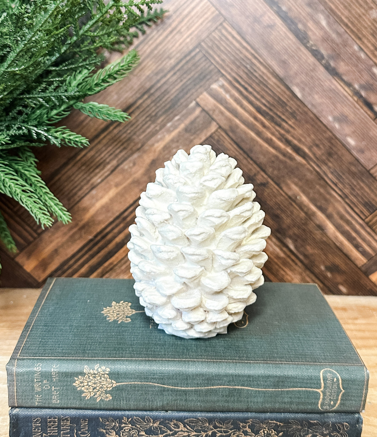 Cream pinecone snow kissed holiday christmas decor for sale at the rustic barn in killingworth, CT