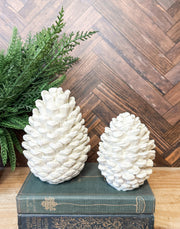 Cream pinecone snow kissed holiday christmas decor for sale at the rustic barn in killingworth, CT