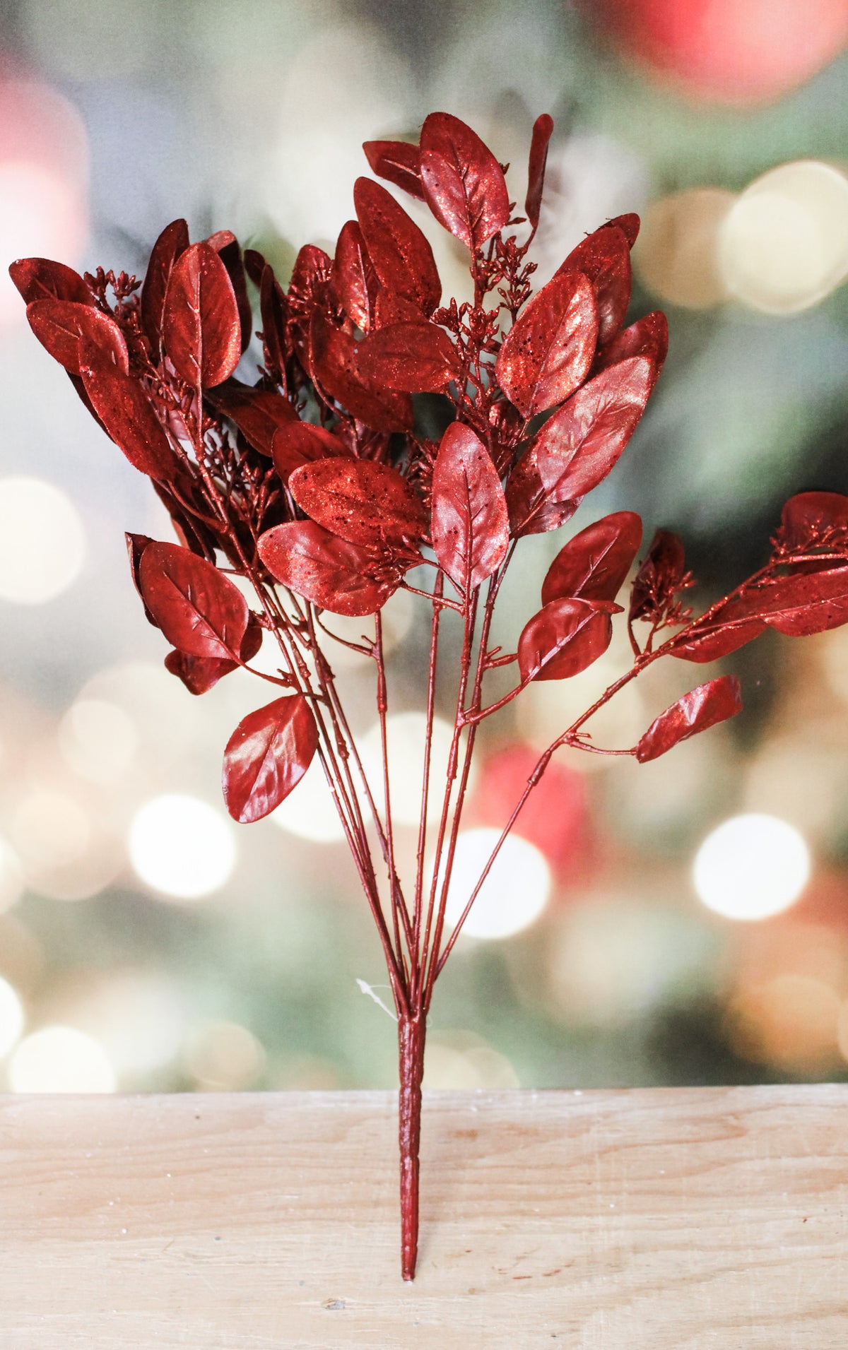 Crimson red sparkly eucalyptus christmas floral stem 9 inches long for sale at the rustic barn in killingworth,CT