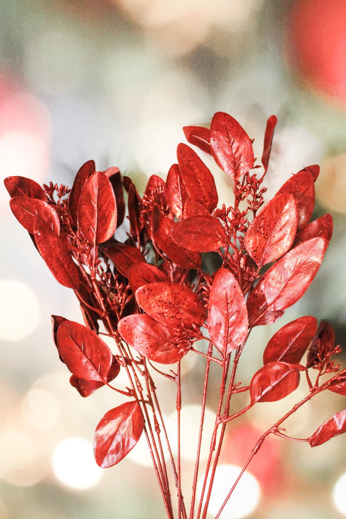 Crimson red sparkly eucalyptus christmas floral stem 9 inches long for sale at the rustic barn in killingworth,CT