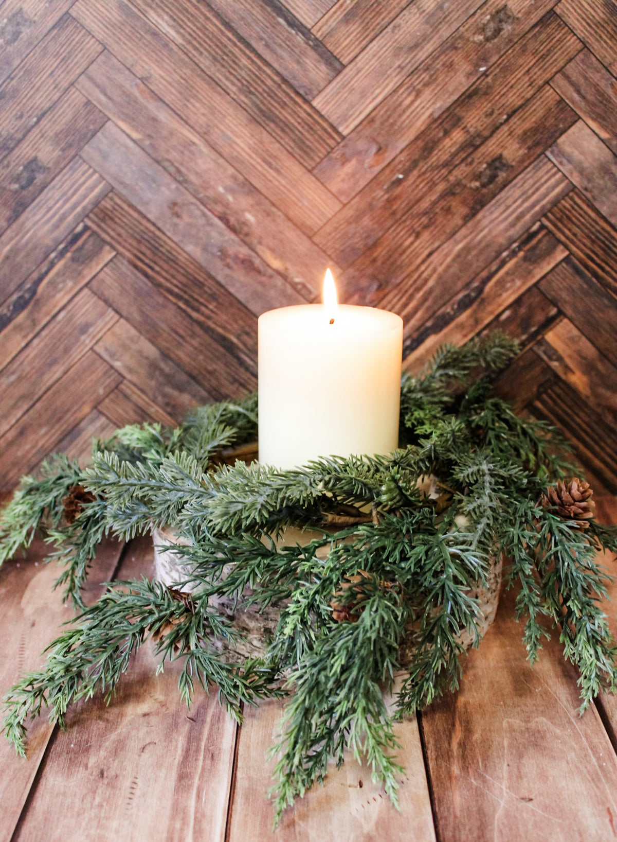 juniper pine cone candle ring evergreen for sale at the rustic barn in Killingworth ,CT For christmas