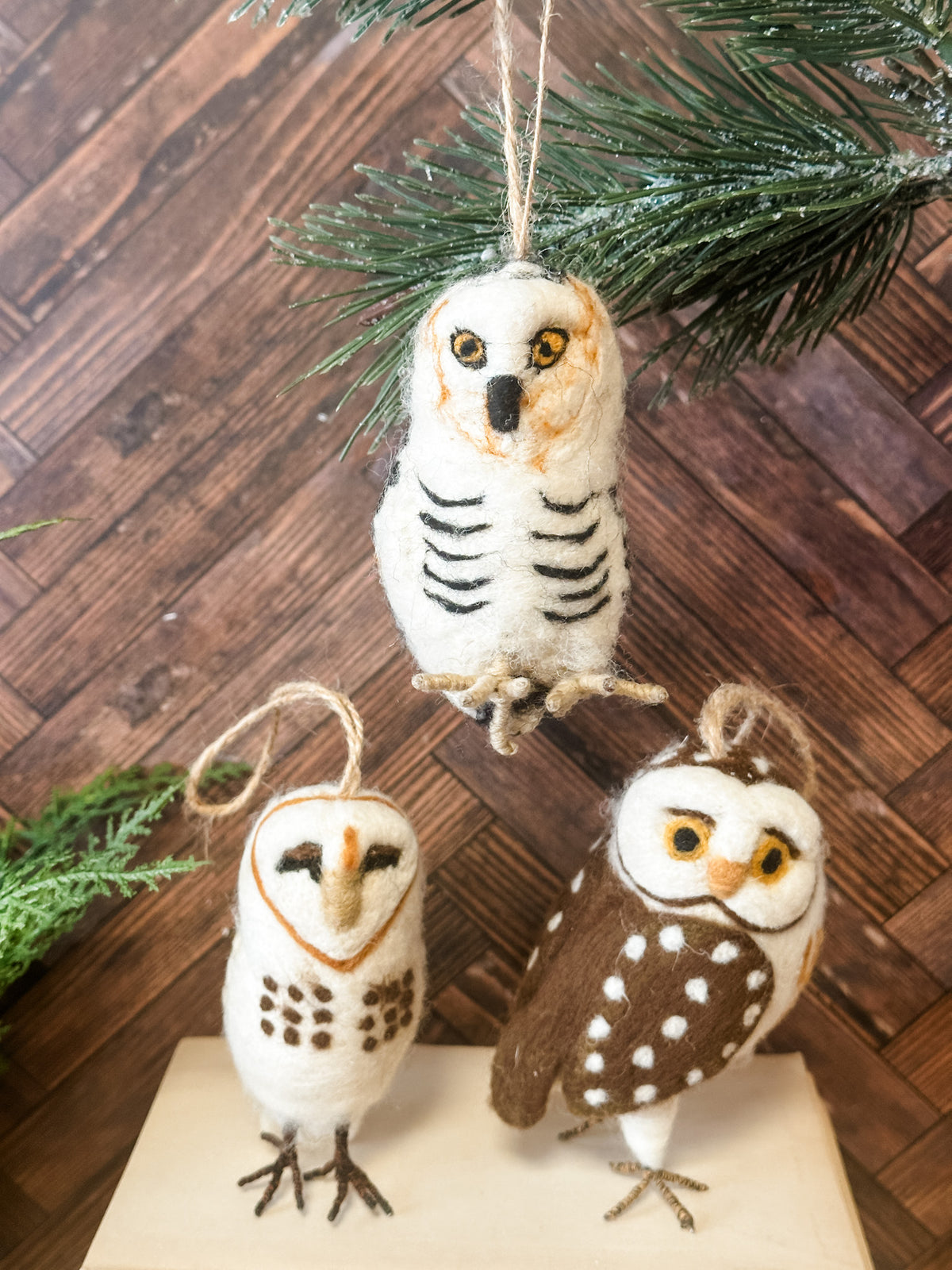 cute owl ornaments for christmas cozy cute made from felt for sale at the rustic barn in killingworth, CT