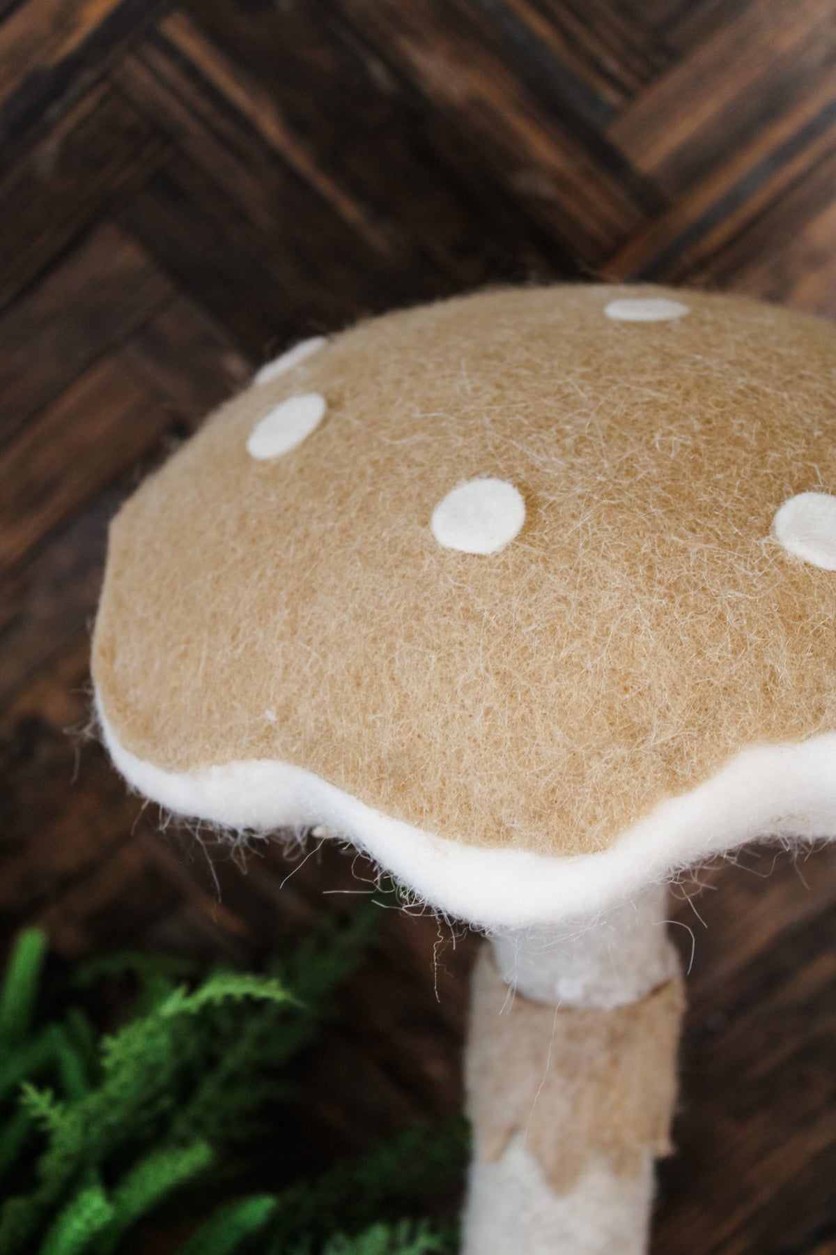 Cute whimsical felt foam standing christmas decor mushroom brown and cream neutrals for sale at the rustic barn in killingworth, CT