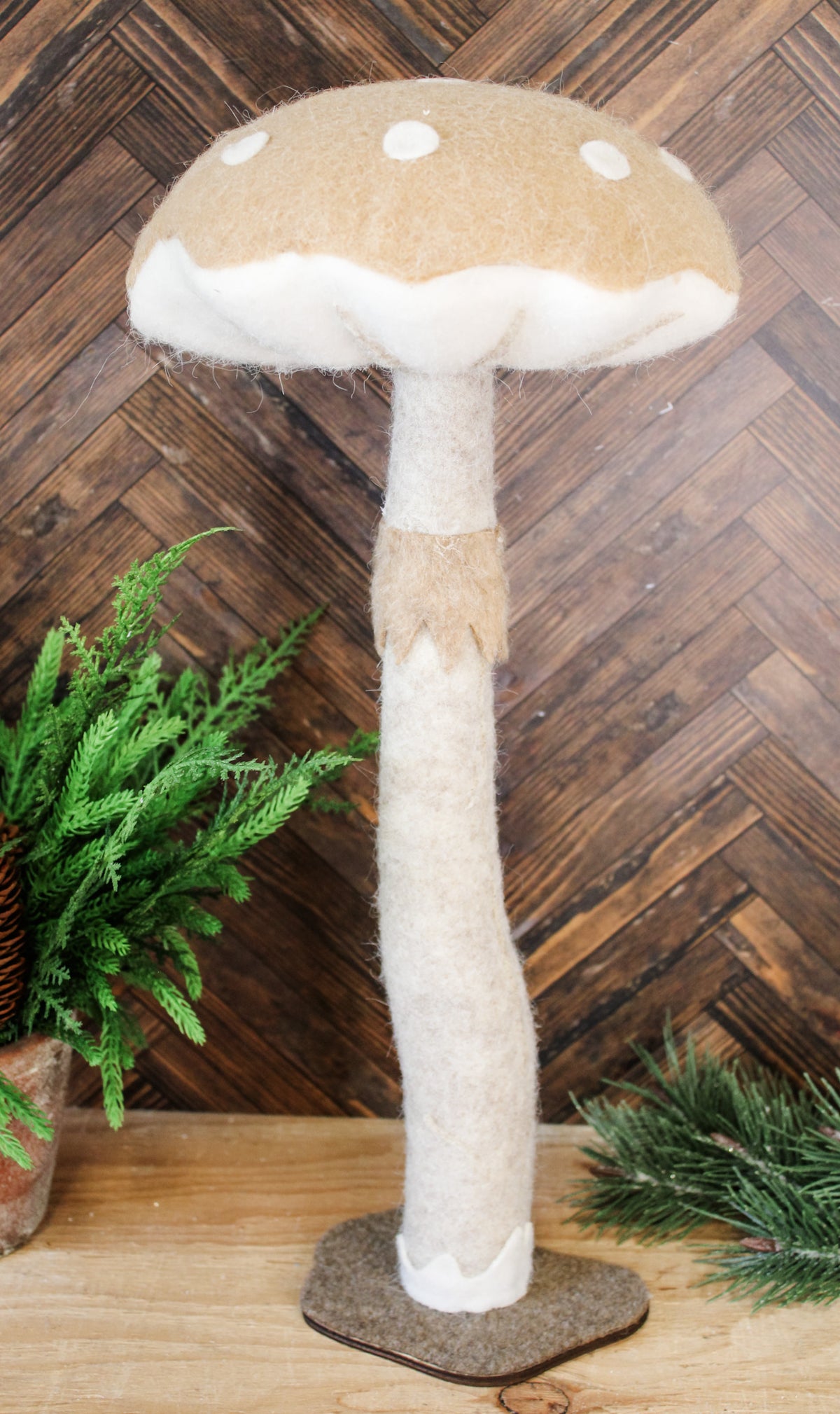 Cute whimsical felt foam standing christmas decor mushroom brown and cream neutrals for sale at the rustic barn in killingworth, CT