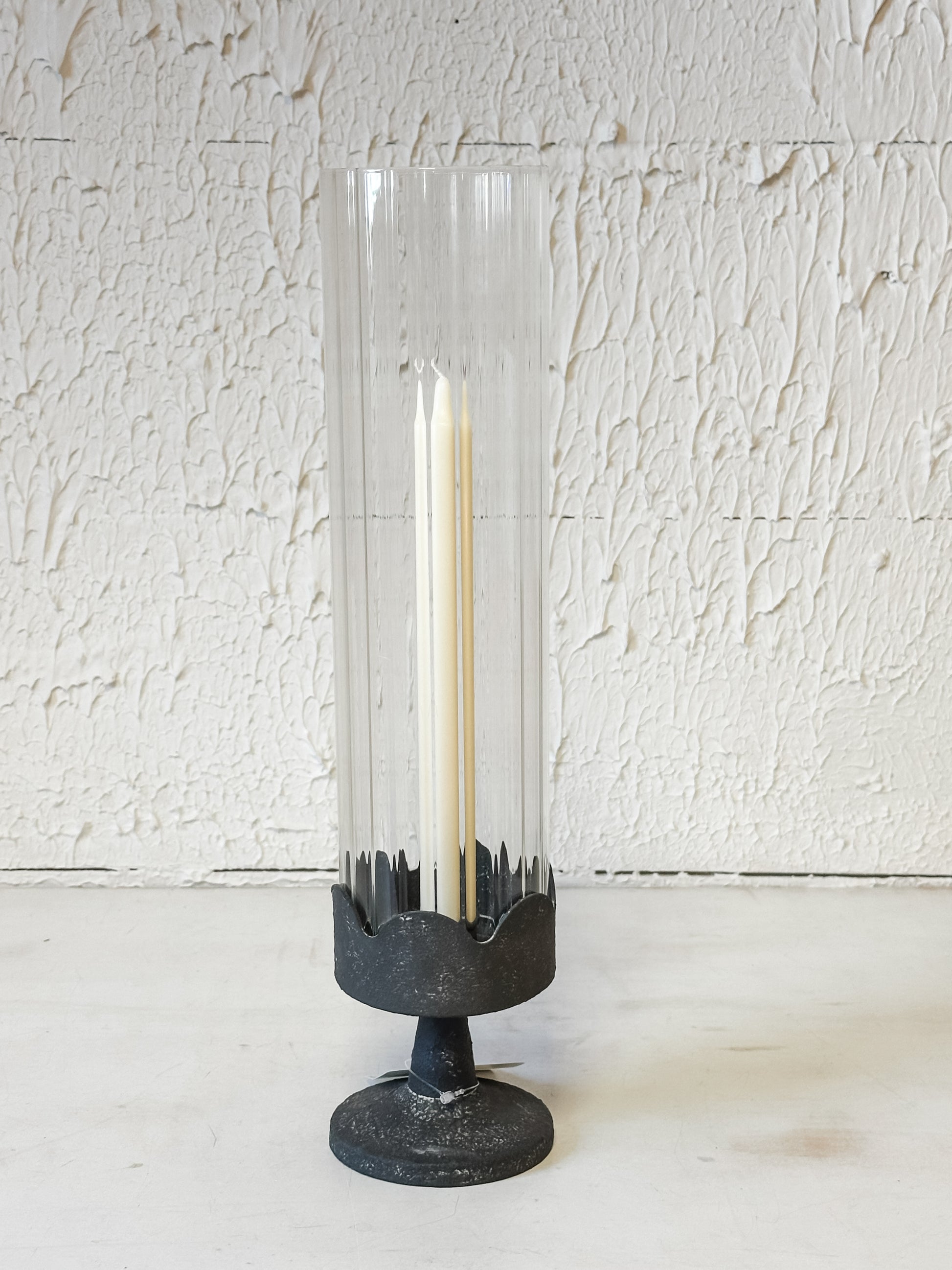 dark pedestal glass cylinder taper holder at The Rustic Barn in Killingworth, CT