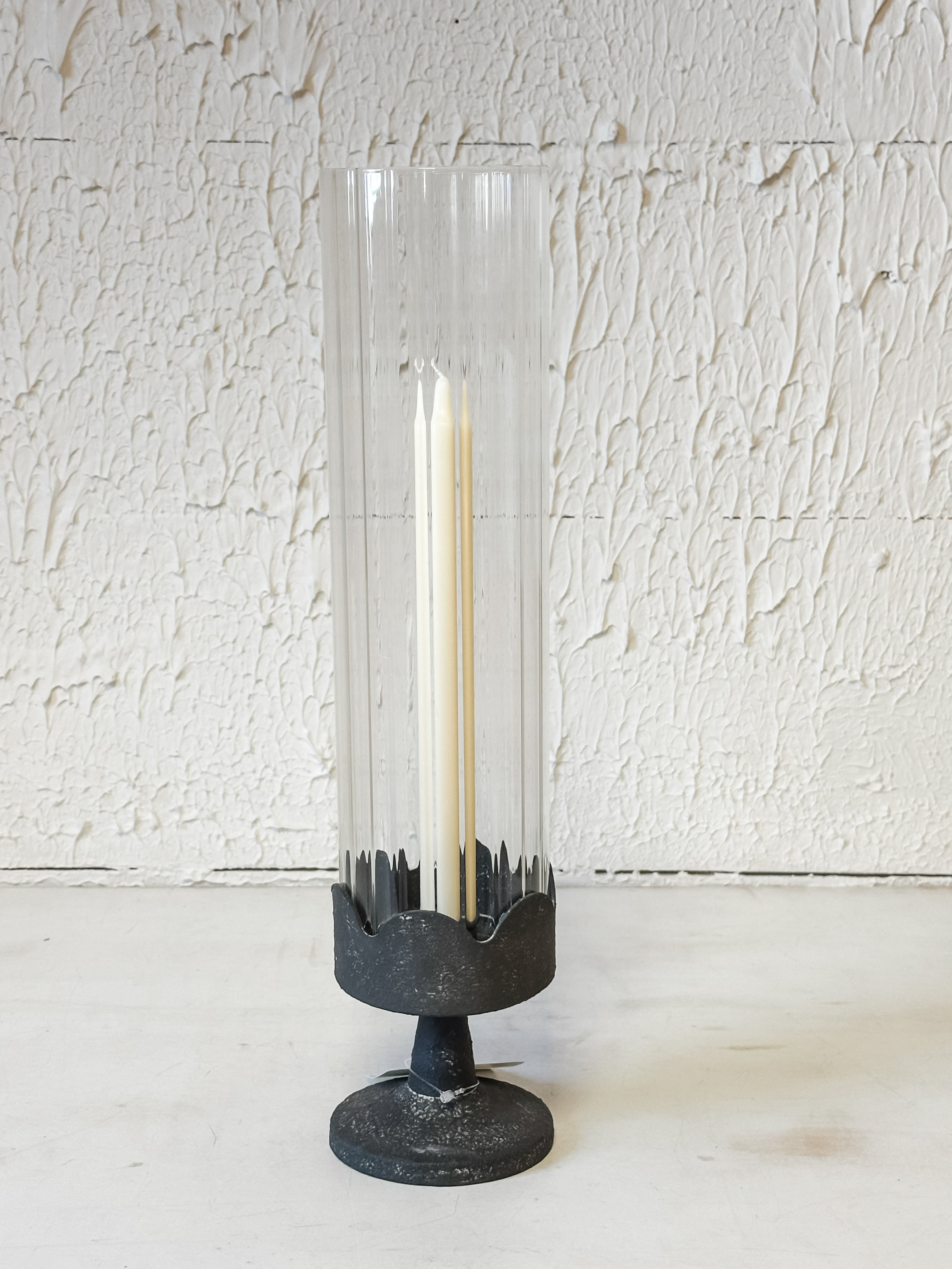 dark pedestal glass cylinder taper holder at The Rustic Barn in Killingworth, CT