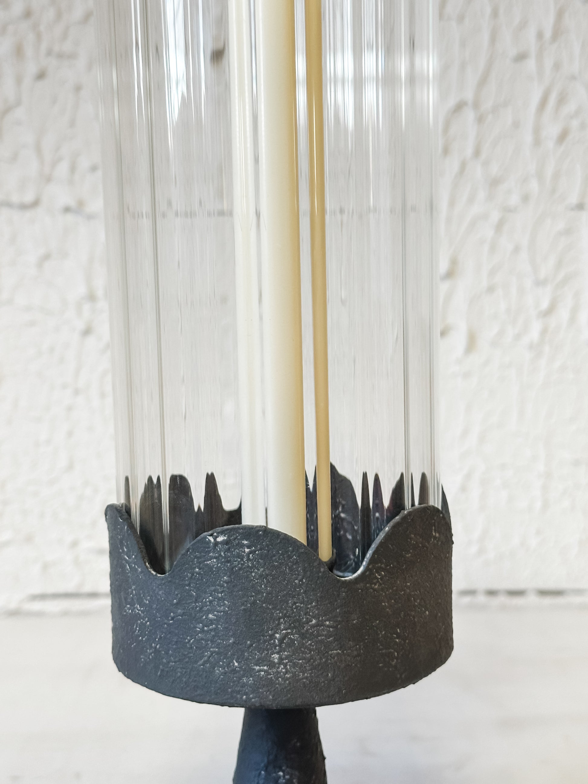 dark pedestal glass cylinder taper holder at The Rustic Barn in Killingworth, CT