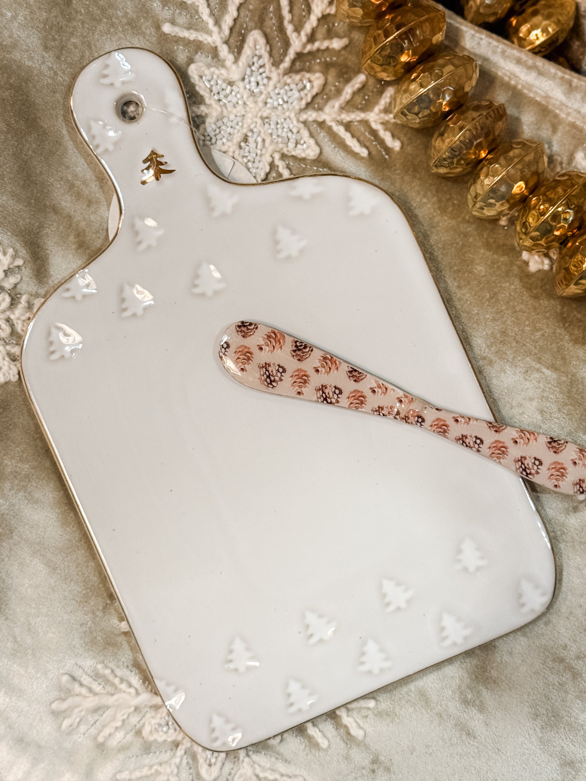 Debossed stoneware cheese cutting board with trees at The Rustic Barn in Killingworth CT