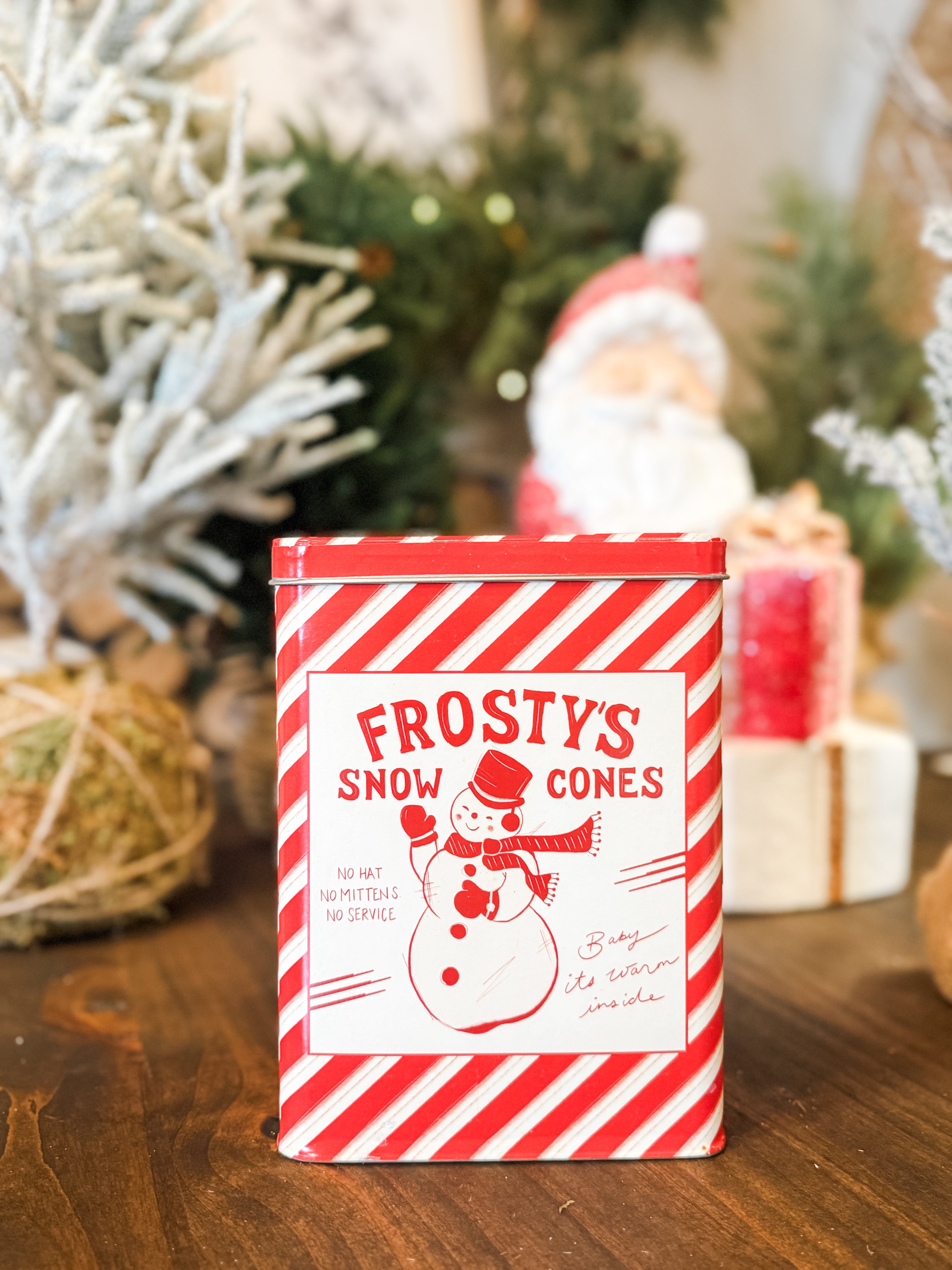 decorative metal box with vintage snowman image and lid at The Rustic Barn in Killingworth CT