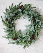 Deluxe evergreen christmas wreath with pinecone details for the holidays and winter decorating for sale at the rustic barn in Killingworth, CT