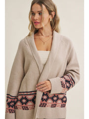 oatmeal color aztec pattern open front womens cardigan at the rustic barn in killingworth ct