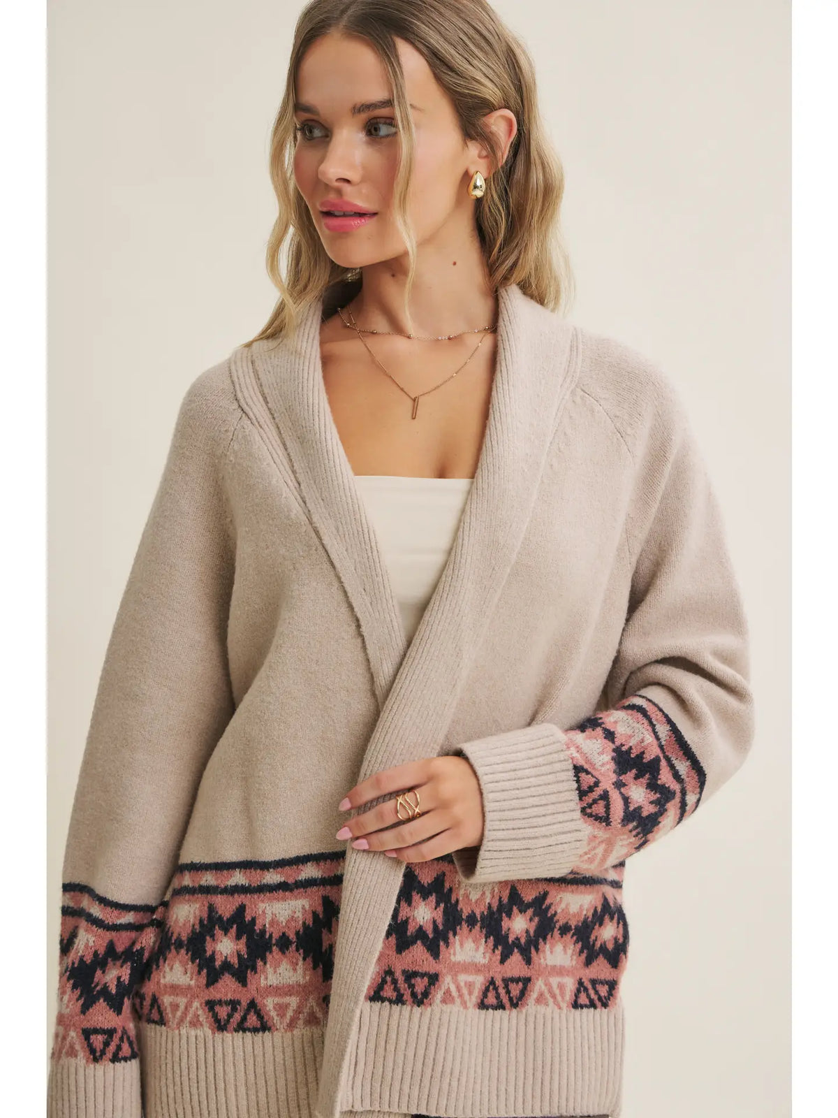 oatmeal color aztec pattern open front womens cardigan at the rustic barn in killingworth ct