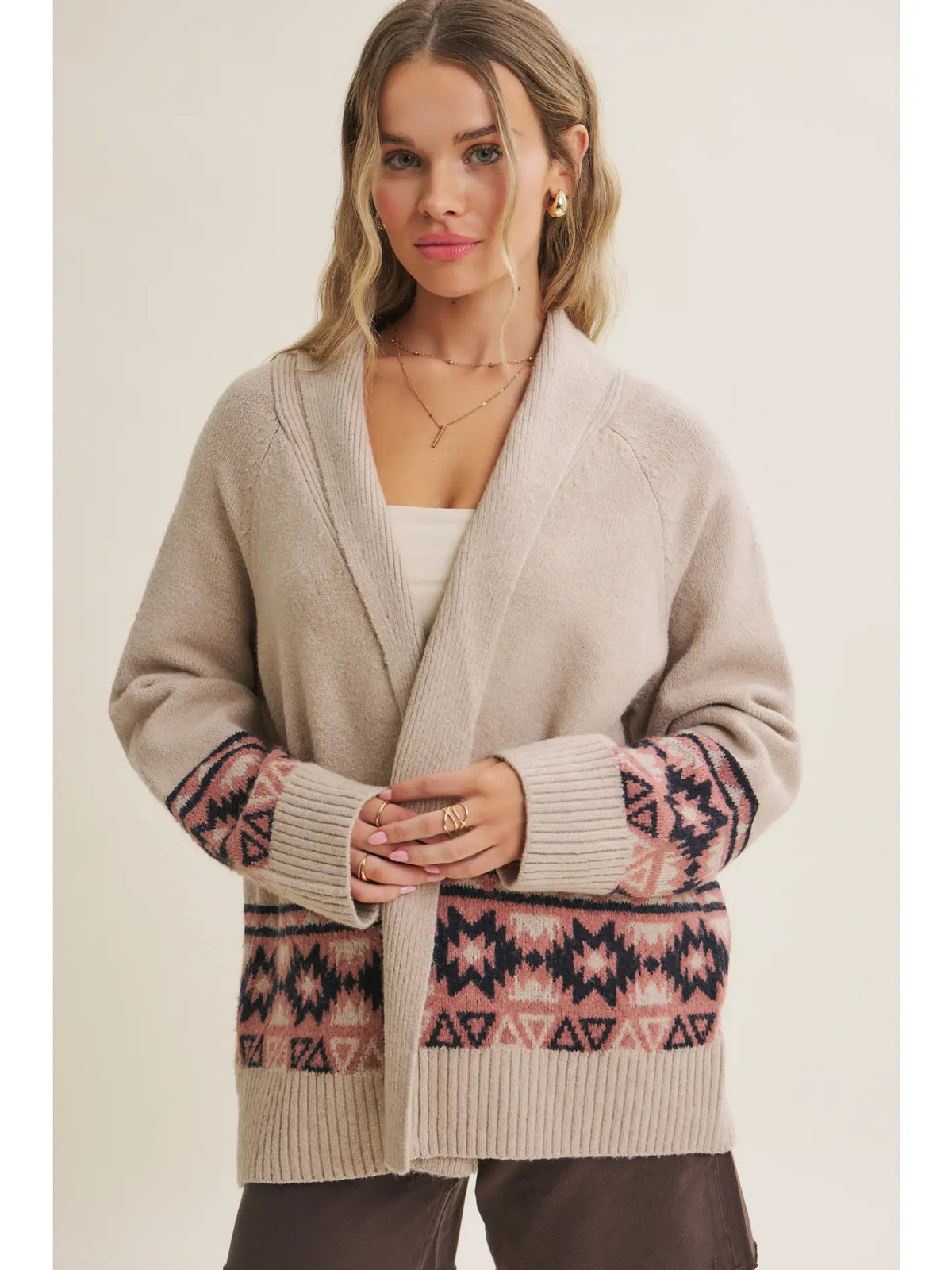 atmeal color aztec pattern open front womens cardigan at the rustic barn in killingworth ct