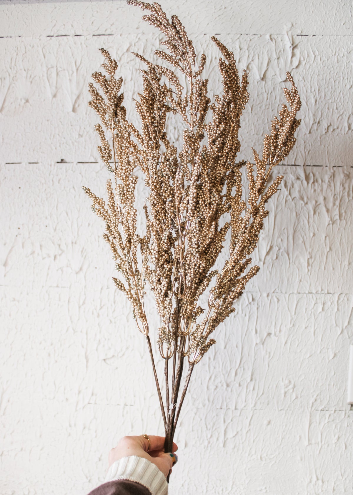 designer gold mini berry spray faux pick for holiday home decorating for sale at the rustic barn in Killingworth, CT