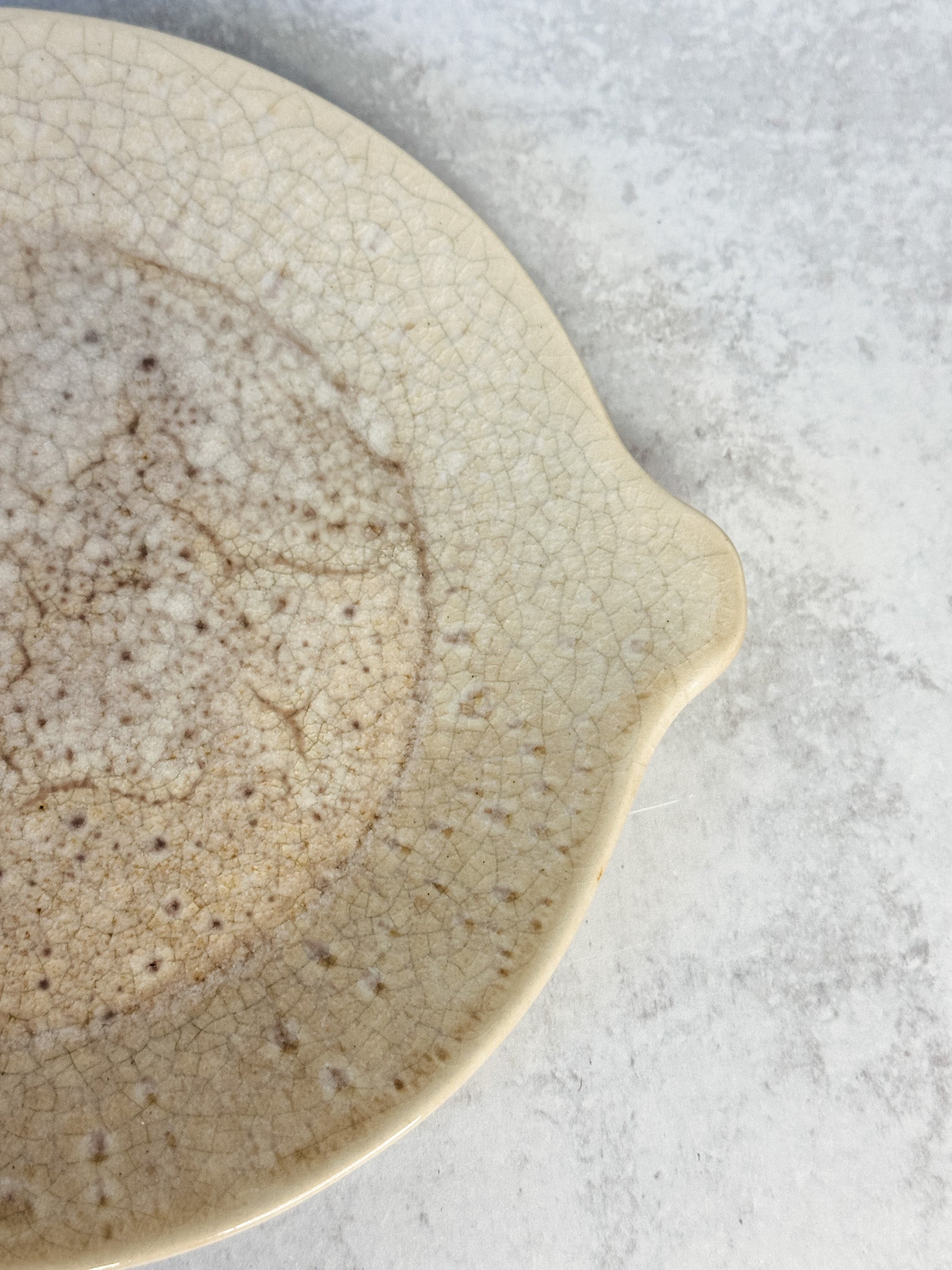 Distressed artisanal cream stoneware platter with handles for sale at the rustic barn in killingworth, CT