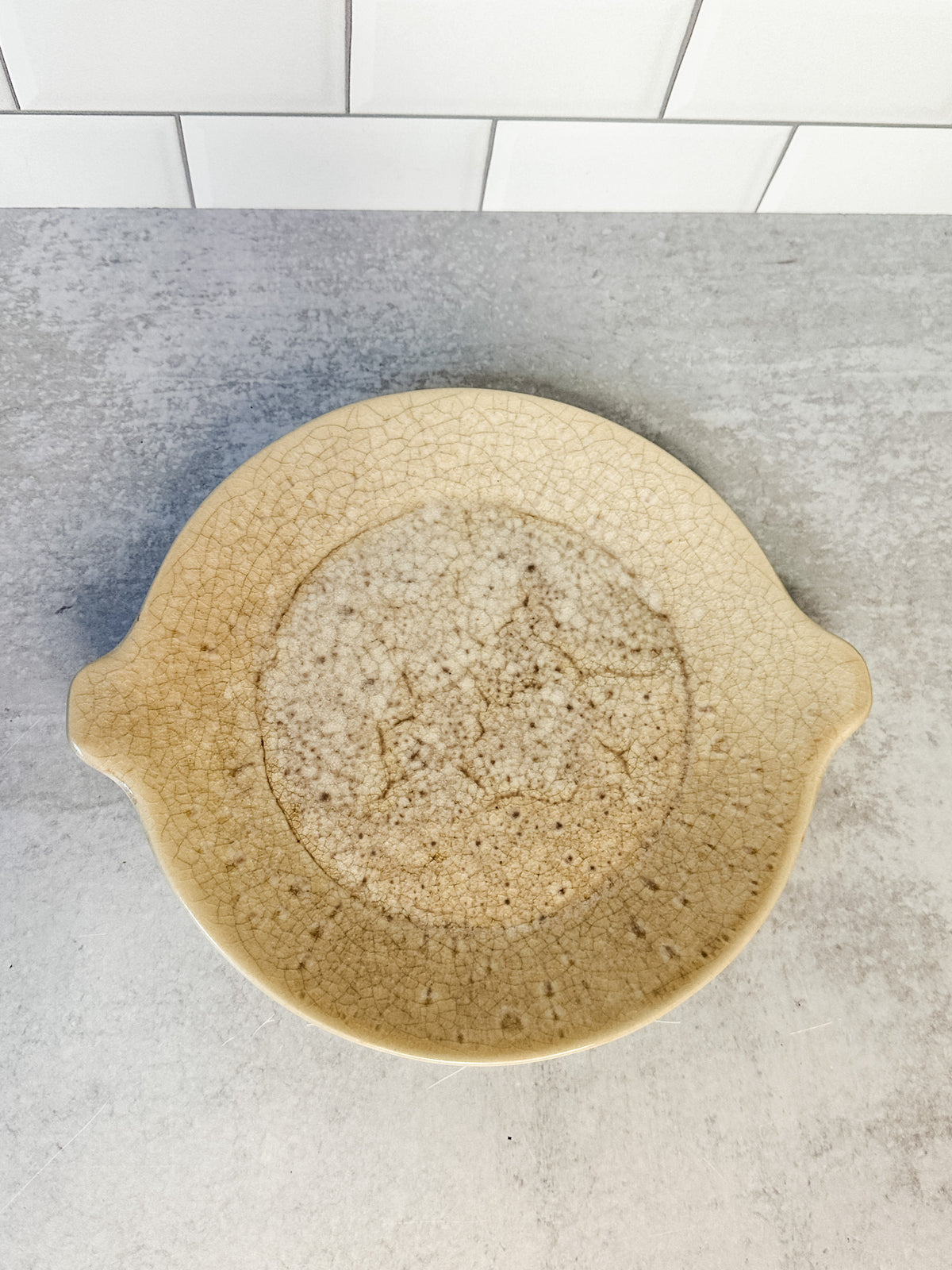 Distressed artisanal cream stoneware platter with handles for sale at the rustic barn in killingworth, CT