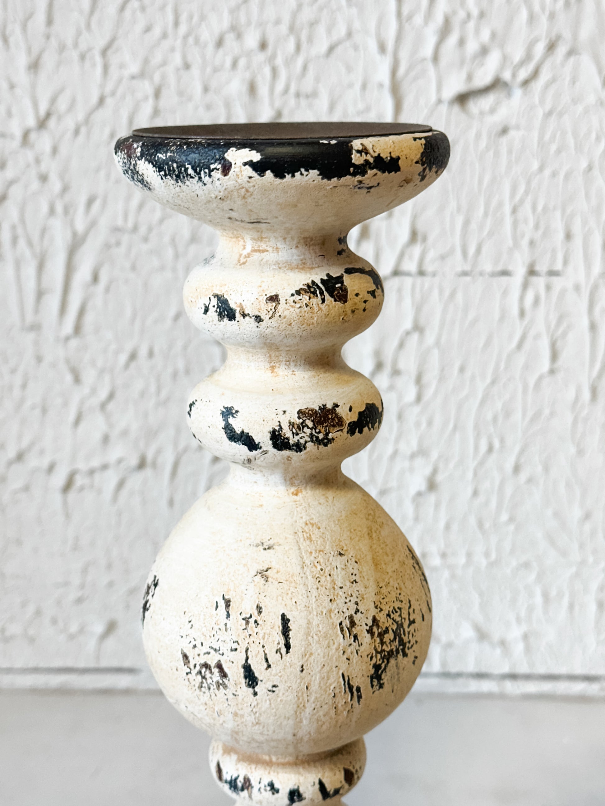Distressed Wood & Metal Pillar Candle Holder at the Rustic Barn in Killingworth, CT