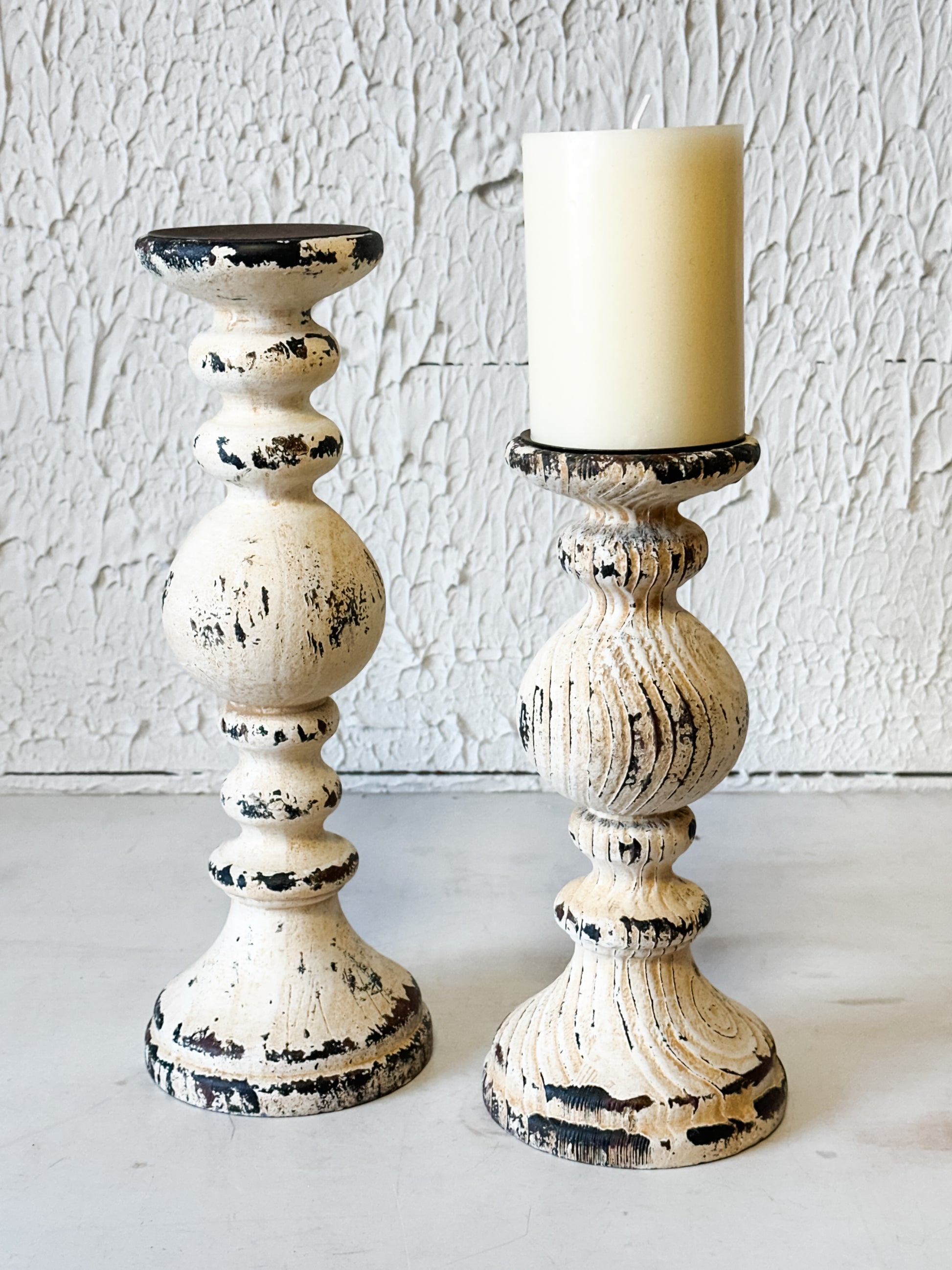 Distressed Wood & Metal Pillar Candle Holder at the Rustic Barn in Killingworth, CT