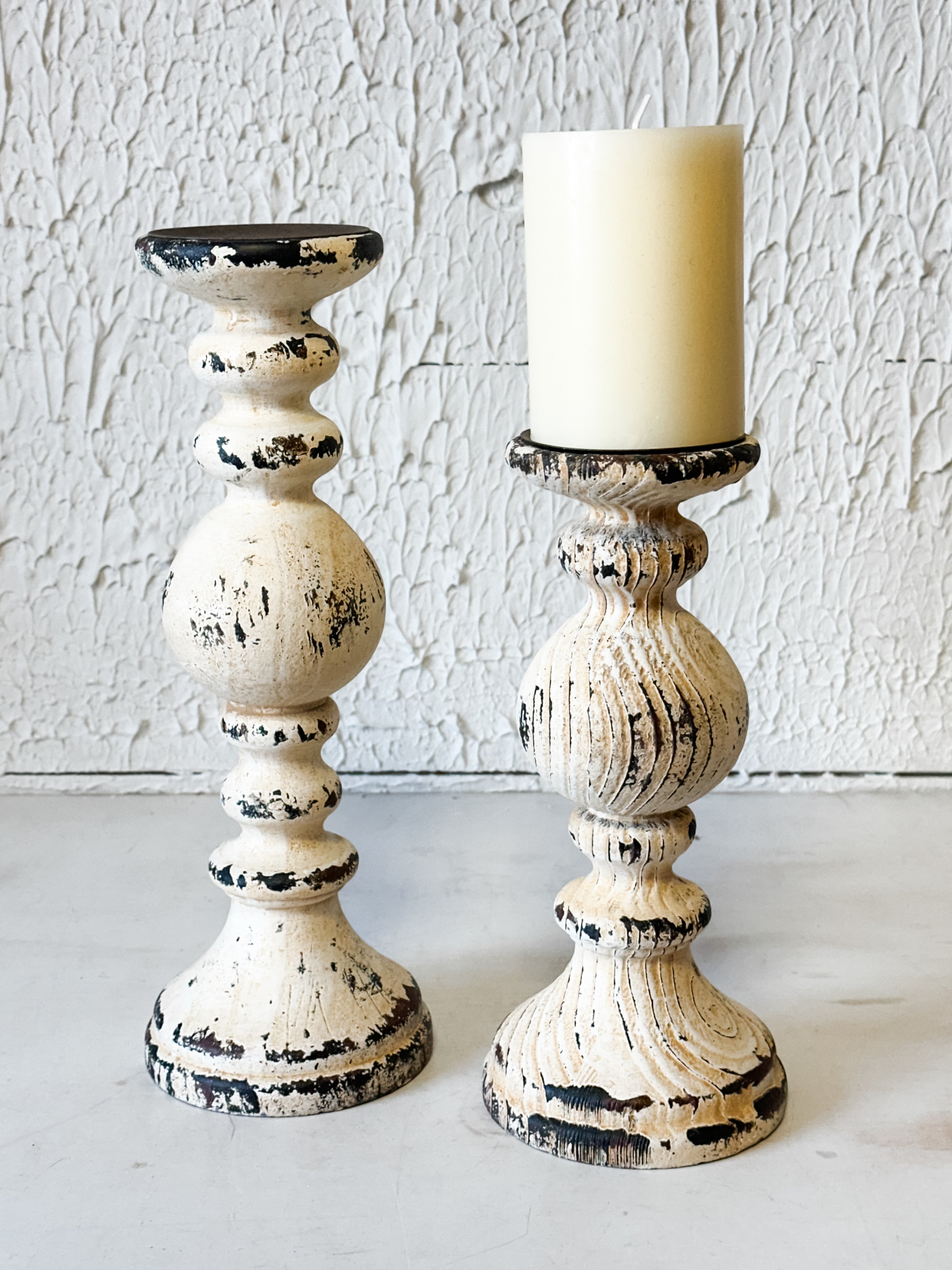 Distressed Wood & Metal Pillar Candle Holder at the Rustic Barn in Killingworth, CT