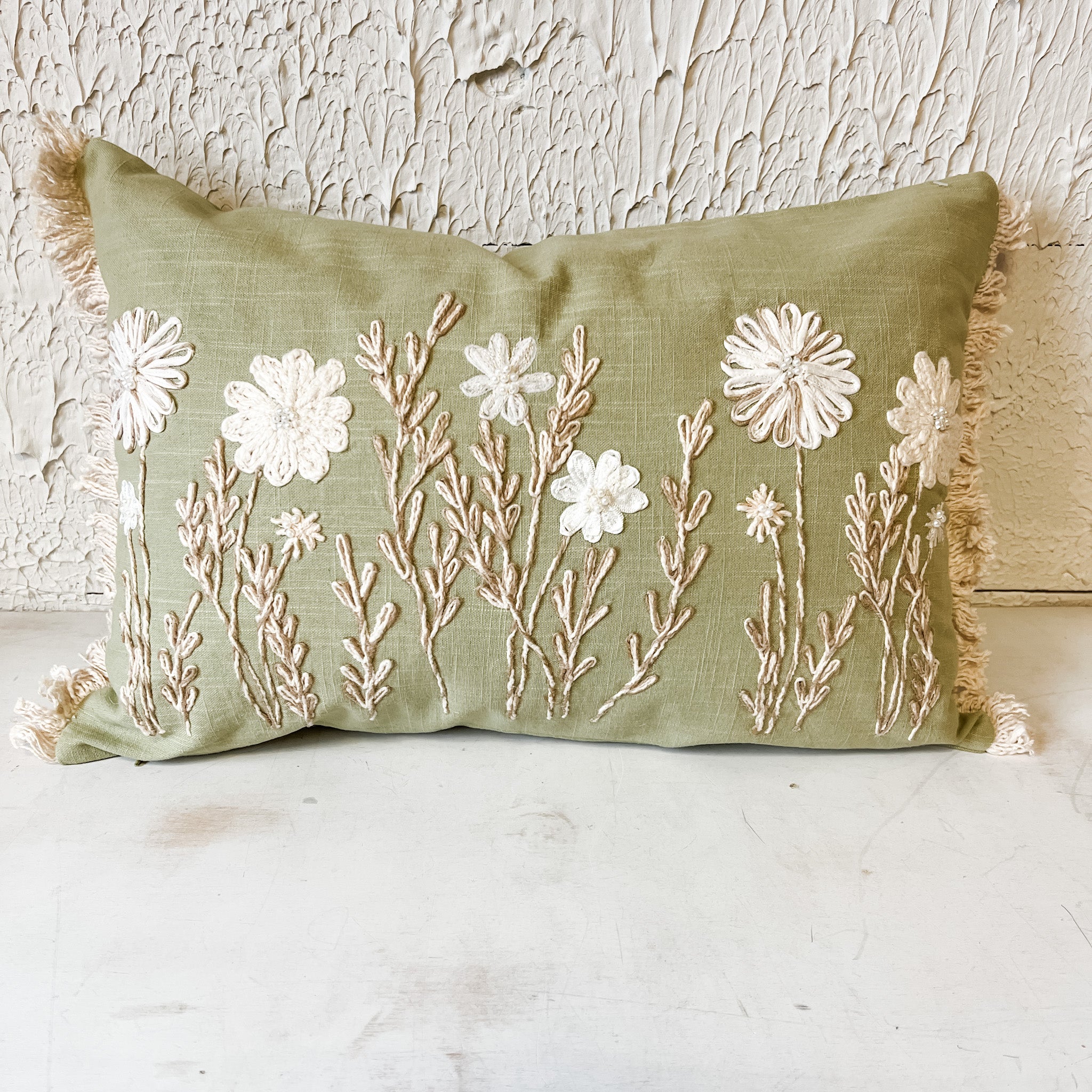 Embroidered Floral Lumbar Pillow, Green