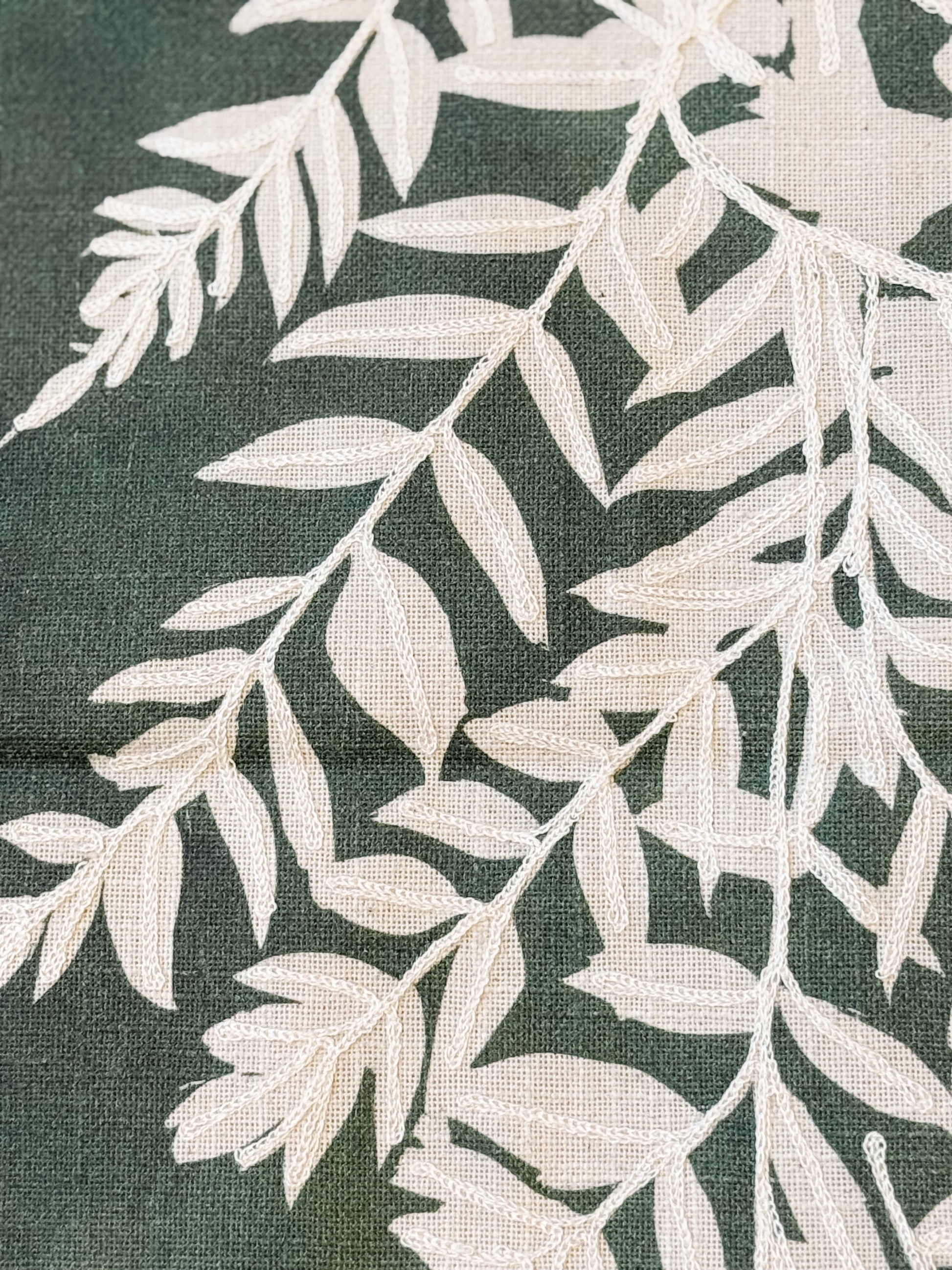 embroidered leafy green cotton table runner at The Rustic Barn in Killingworth, CT