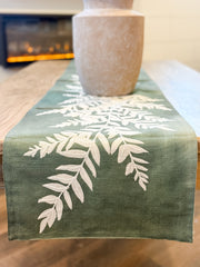 embroidered leafy green cotton table runner at The Rustic Barn in Killingworth, CT