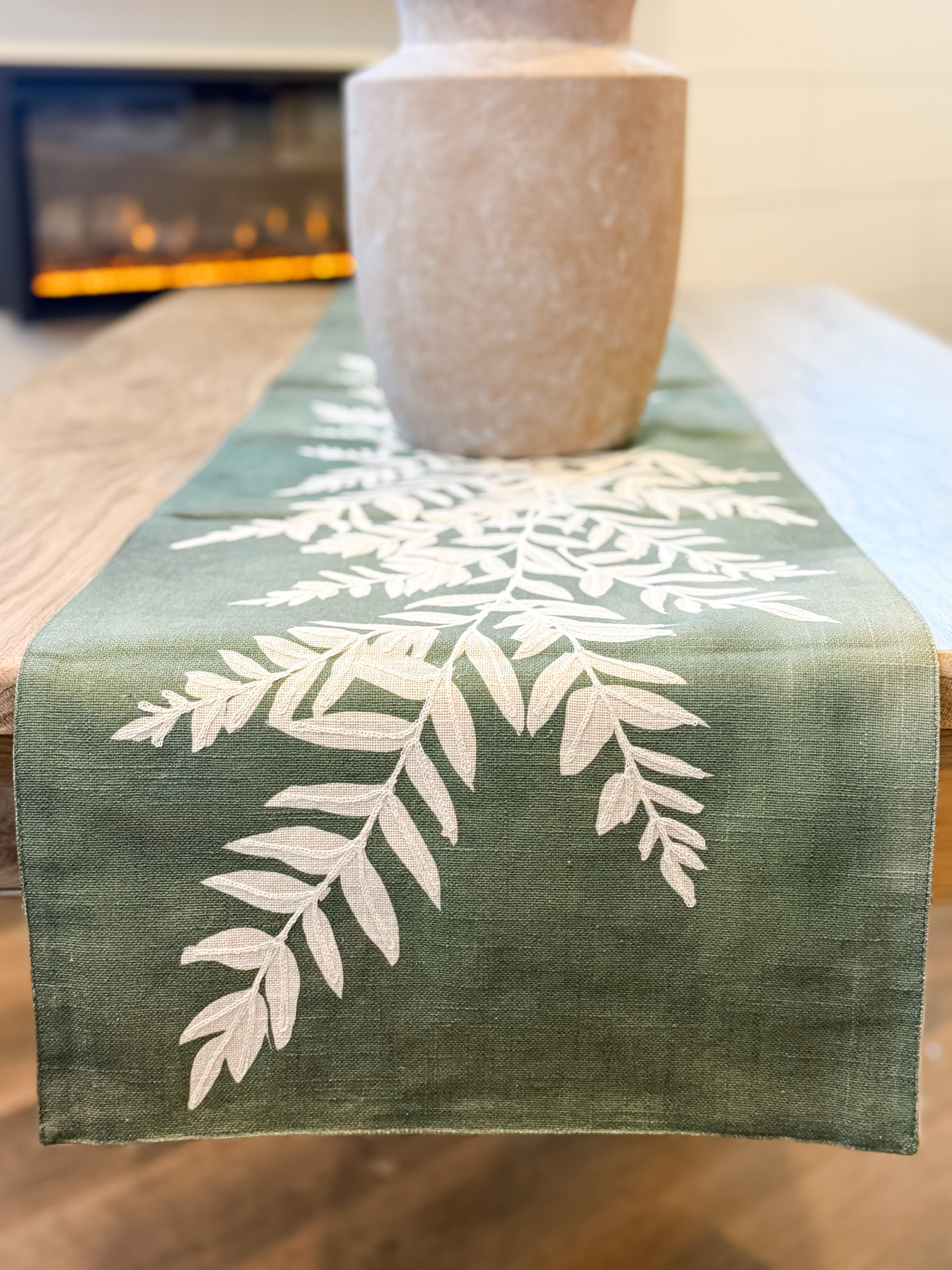 embroidered leafy green cotton table runner at The Rustic Barn in Killingworth, CT