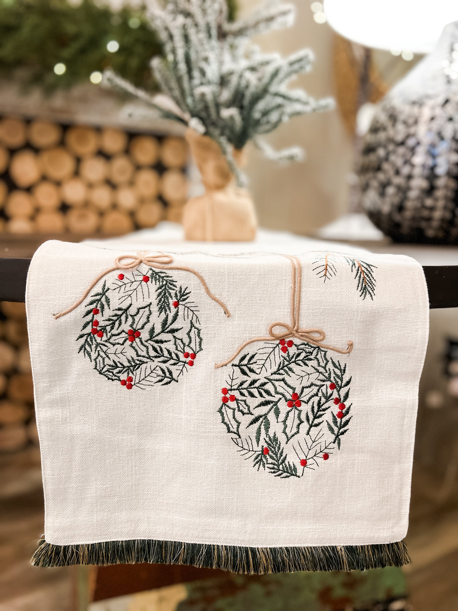 72 inch embroidered ornament runner with green and red colors at the rustic barn in killingworth ct