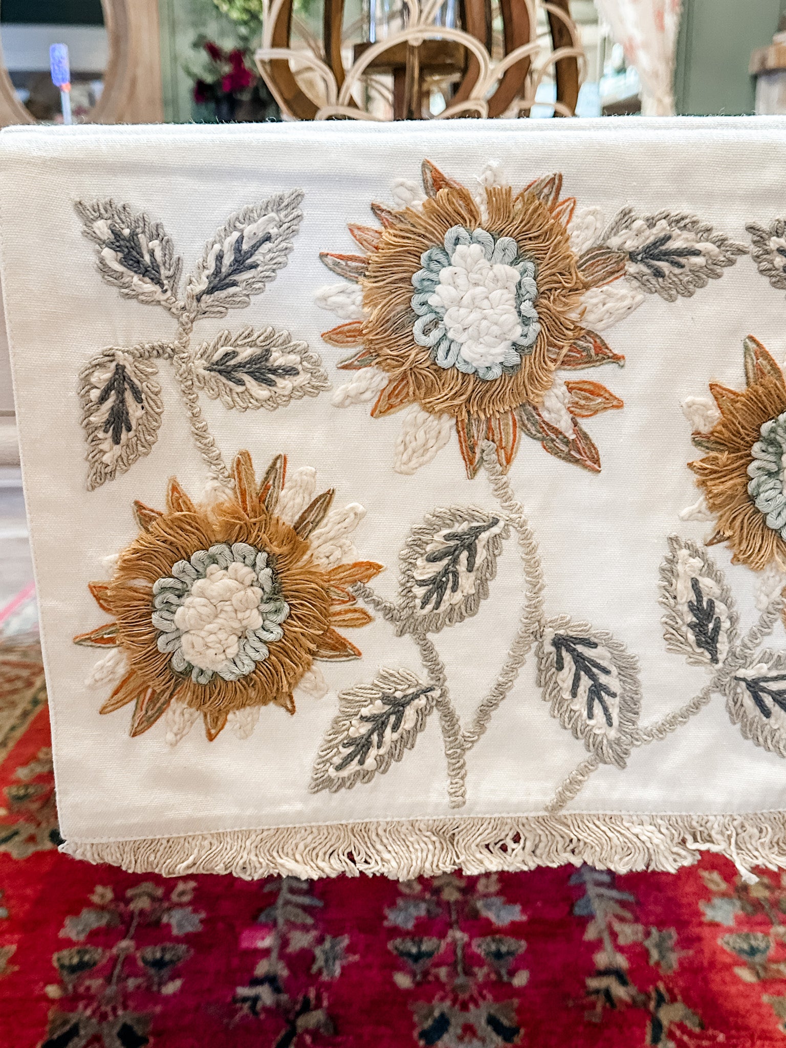 enchanting sunflower embroidered table runner at the rustic barn in killingworth ct