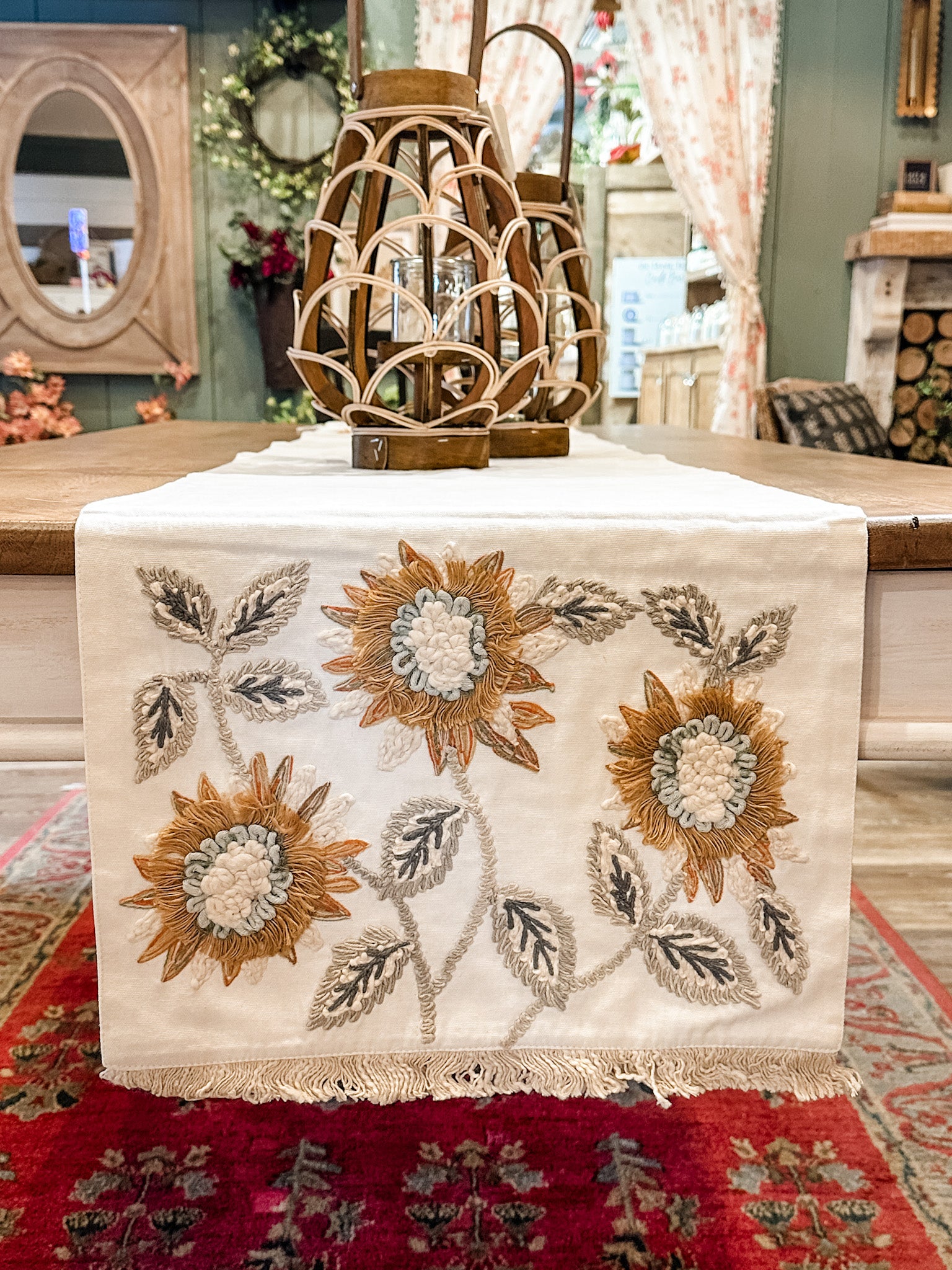 enchanting sunflower embroidered table runner at the rustic barn in killingworth ct