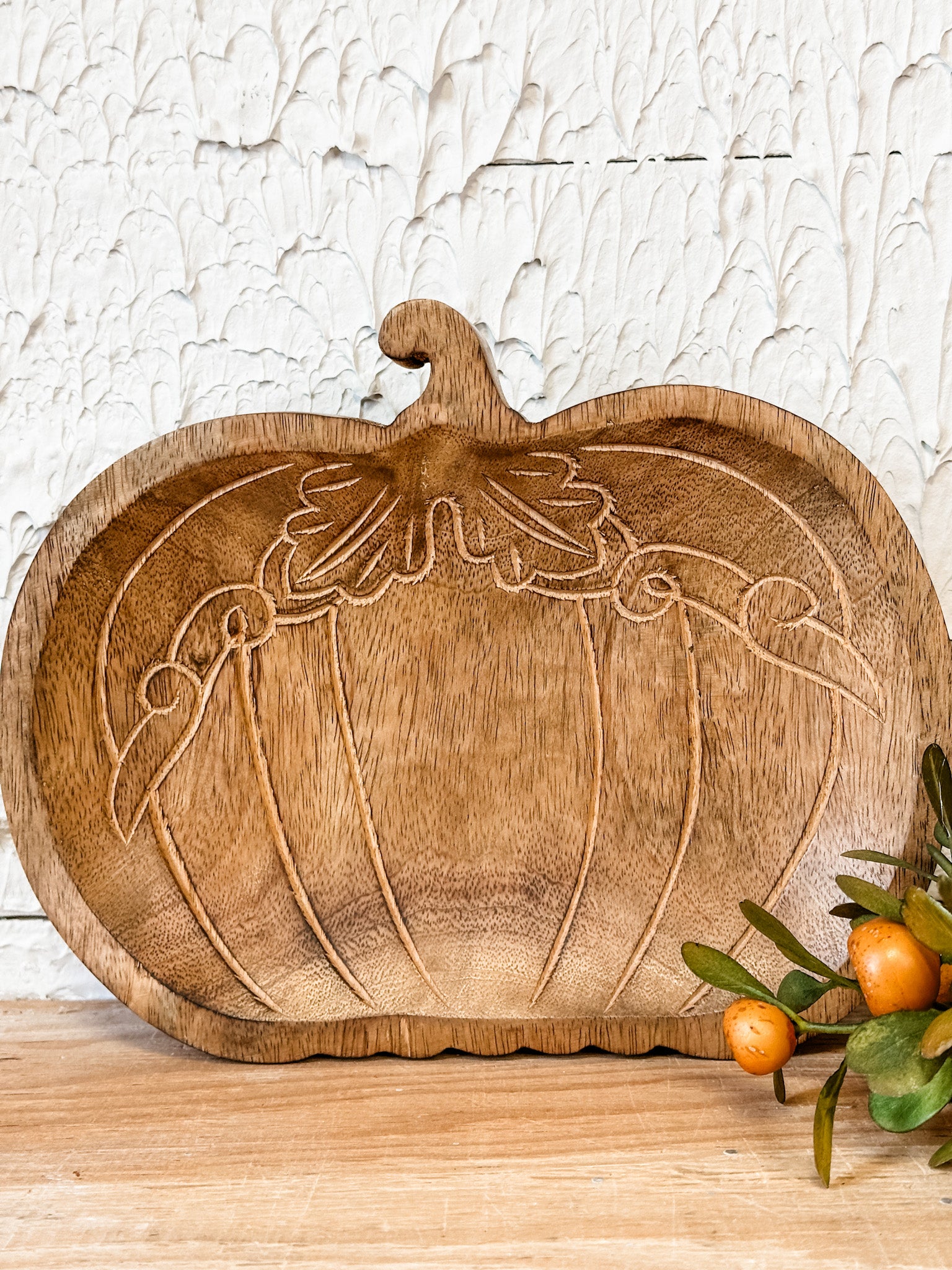 mango wood engraved pumpkin tray at the rustic barn in killingworth ct