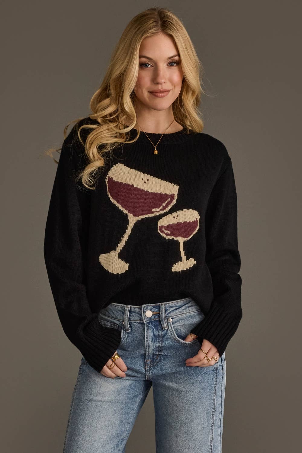 espresso martini black graphic knit sweater at the rustic barn in killingworth ct